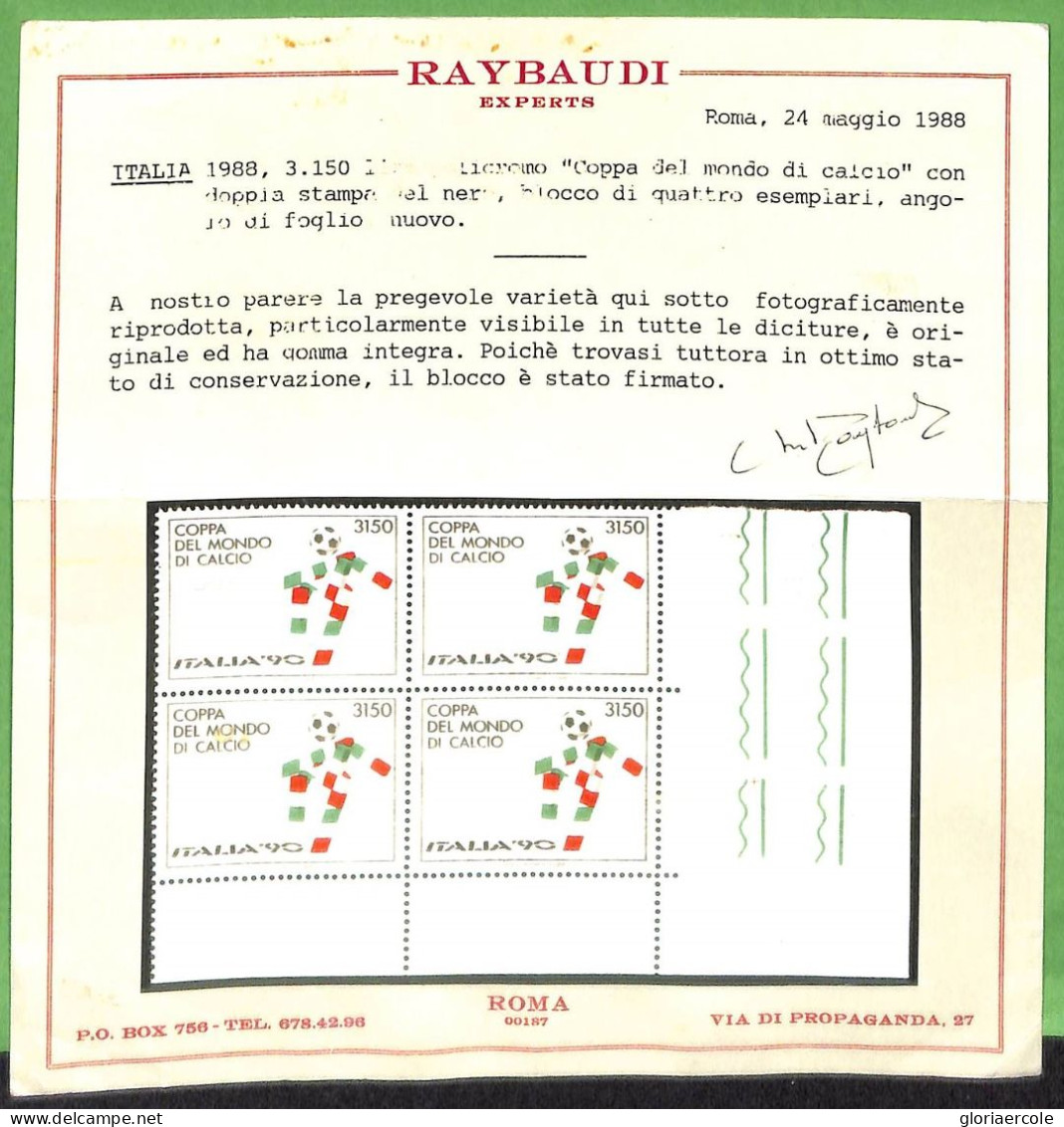 A1199 - ITALY - STAMPS - FOOTBALL  1990 Block Of 4 DOUBLE PRINT ERROR - Raybaudi - Neufs