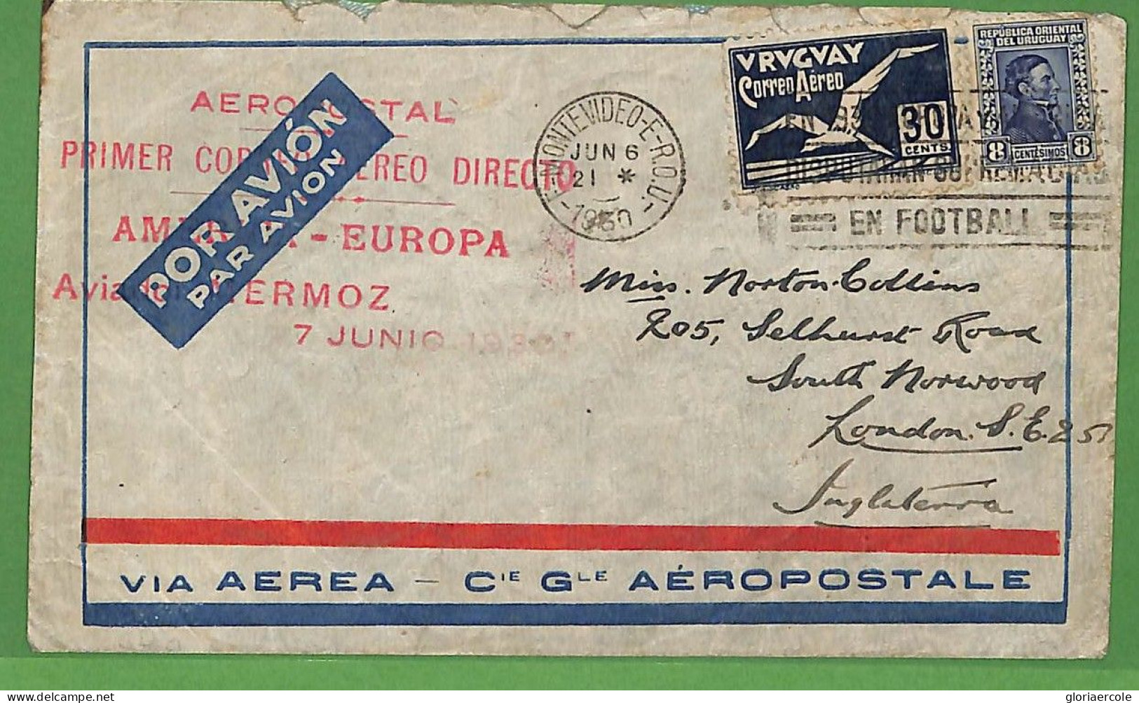 A1187 - URUGUAY  - POSTAL HISTORY - Rare MERMOZ Flight With FOOTBALL Postmark! - Neufs