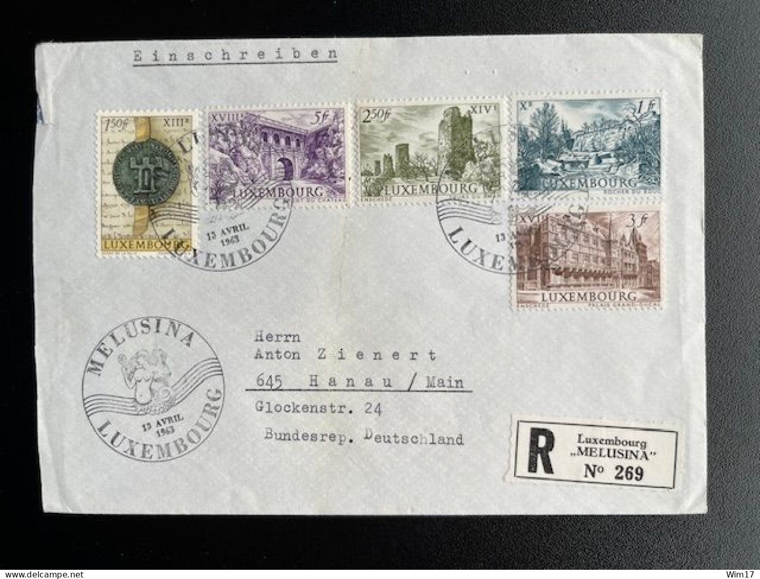 LUXEMBURG 1963 REGISTERED LETTER LUXEMBOURG MELUSINA EXHIBITION TO HANAU 13-04-1963 - Covers & Documents