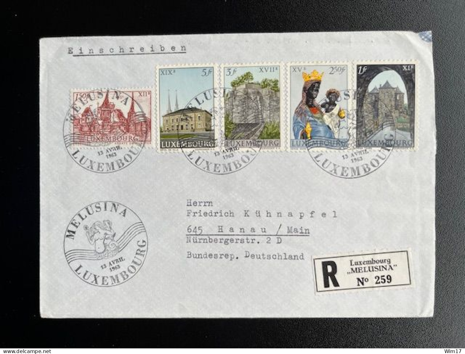 LUXEMBURG 1963 REGISTERED LETTER LUXEMBOURG MELUSINA EXHIBITION TO HANAU 13-04-1963 - Cartas & Documentos