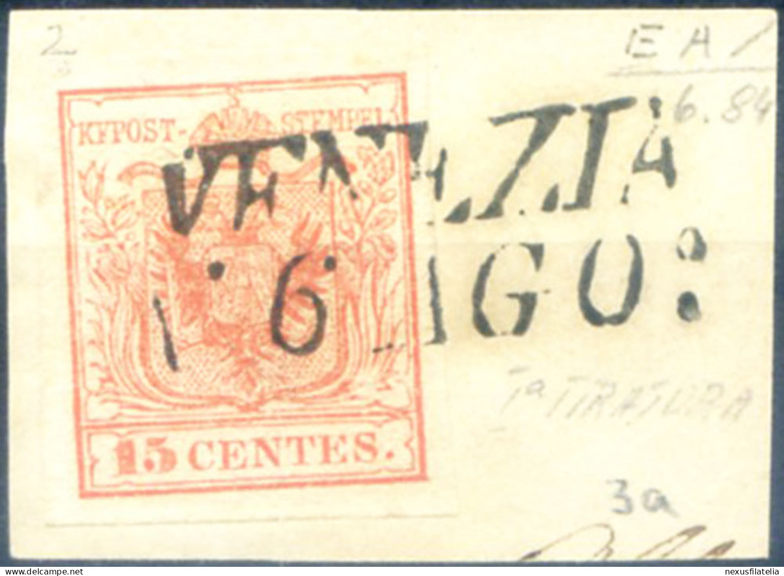 Lombardo Veneto. Stemma, Carta A Mano 15 C. 1850. Frammento. - Non Classificati
