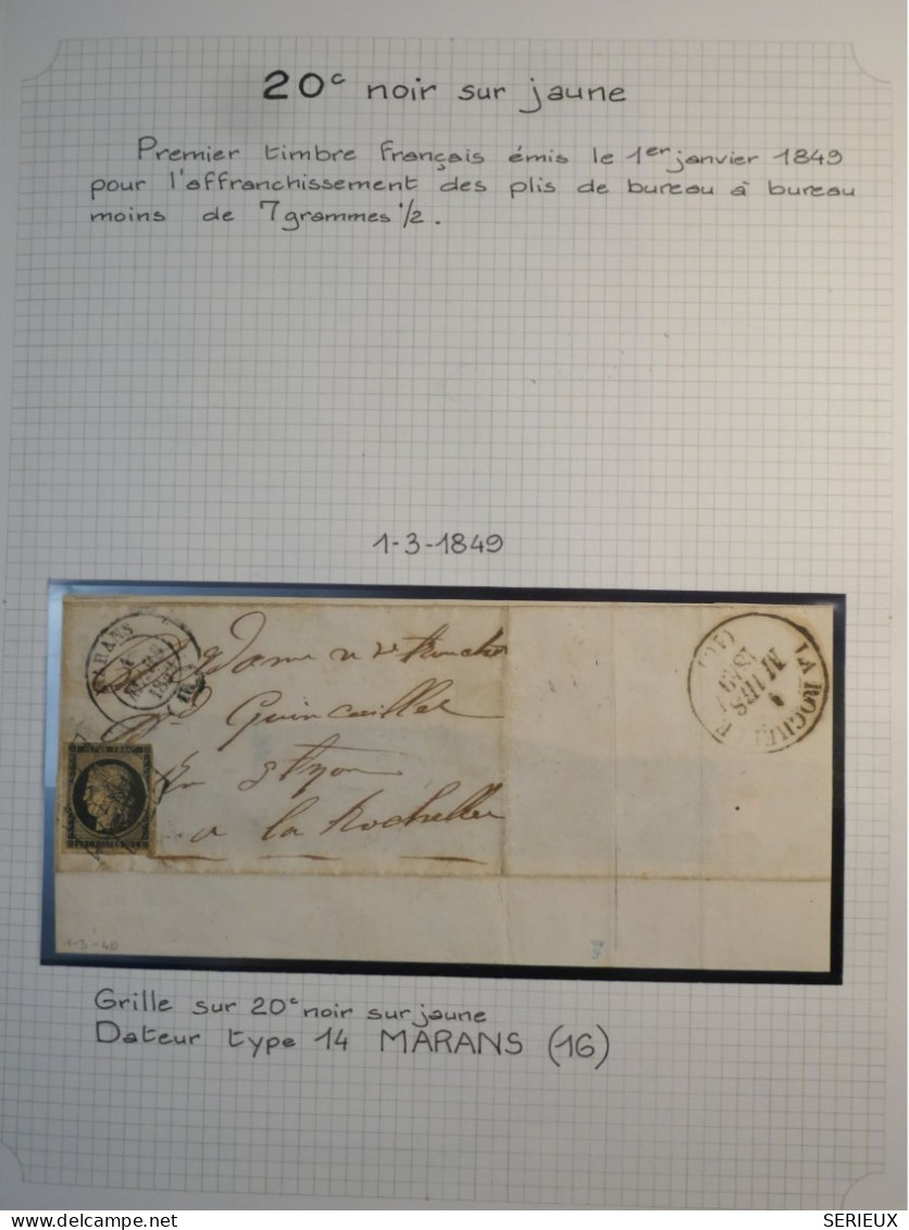DK4 FRANCE BELLE LETTRE 1 3 1849 PETIT BUREAU MARANS A LA ROCHELLE ++N°3 CERES  GRILLE+VU BEHR.DISPERSION DE COLLECTION+ - 1849-1850 Cérès