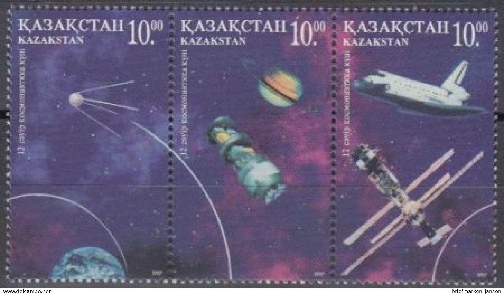 Kasachstan Mi.Nr. Zdr.165,163,164 Kosmonautik, U.a. Sputnik, Mir, Space-Shuttle  - Kazajstán
