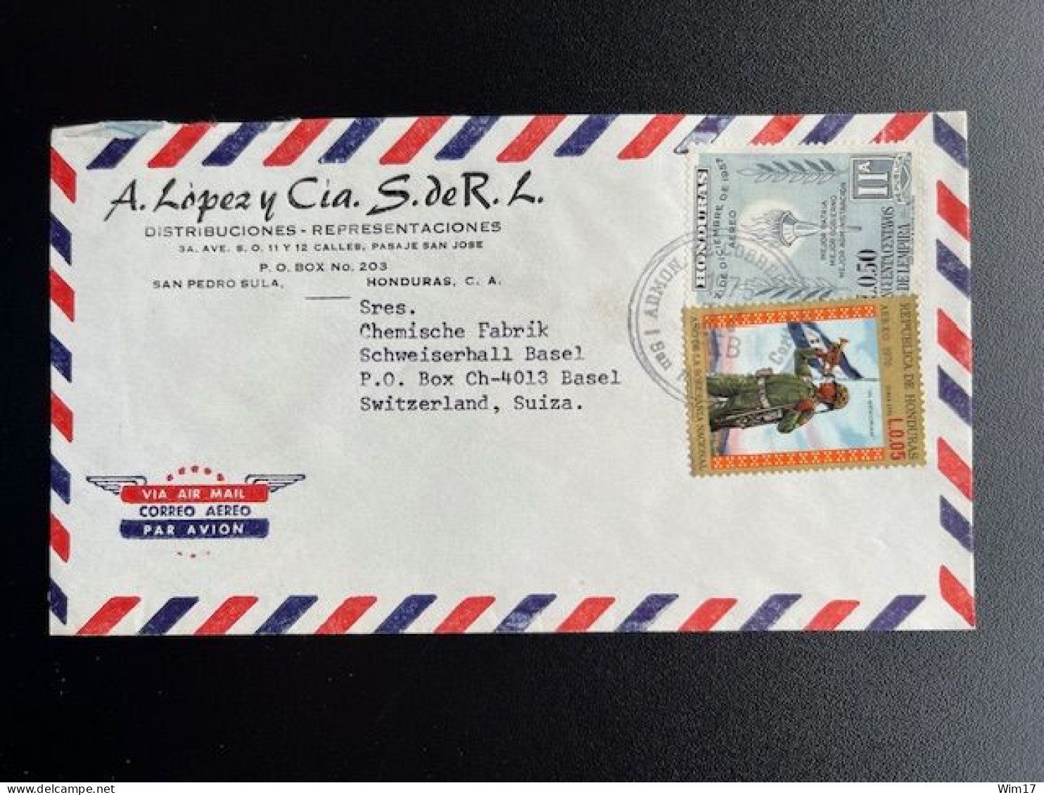 HONDURAS 1975 AIR MAIL LETTER SAN PEDRO SULA TO BASEL 17-02-1975 - Honduras