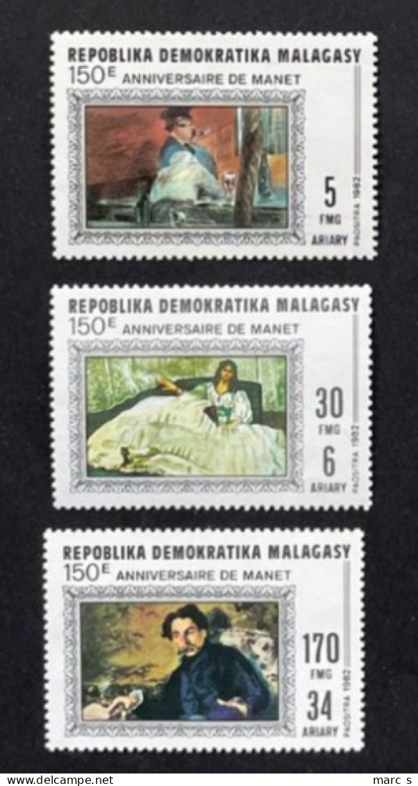 MADAGASCAR 1982 - NEUF**/MNH - Série Complète Mi 903 / 905 - YT 676 / 678 - PAINTERS PEINTRES MANET - Madagascar (1960-...)