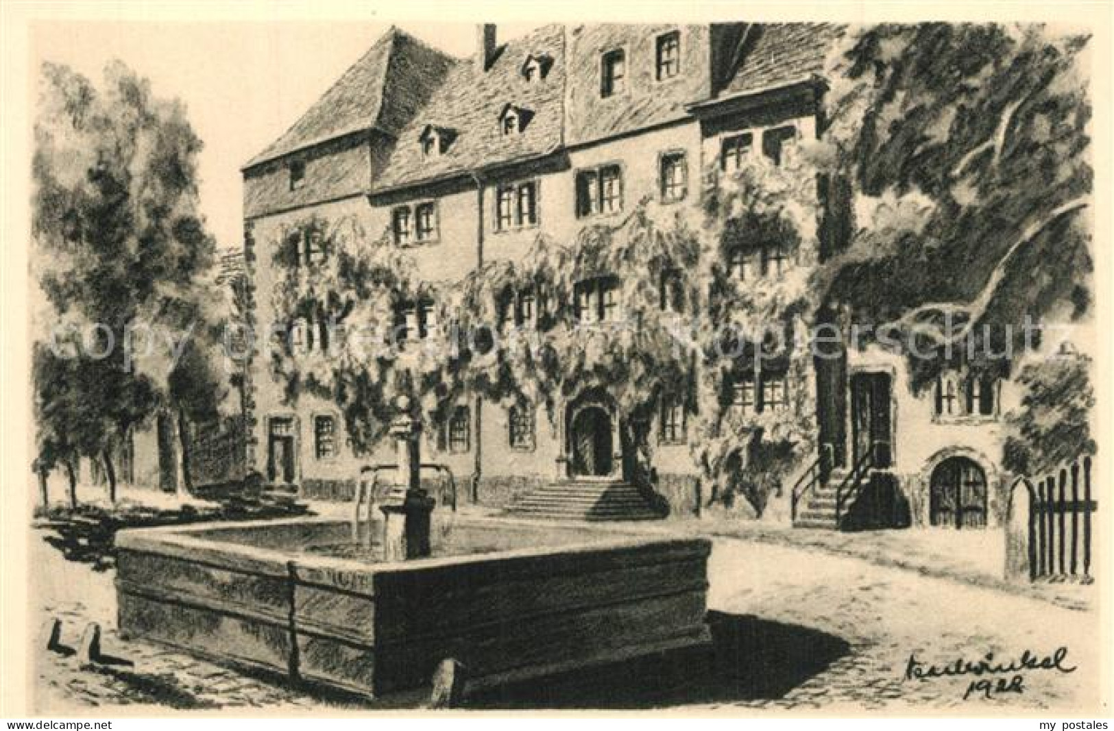 73533648 Lauterbach Hessen Burgschloss Brunnen Kohlezeichnung Von K. Winkel Kuen - Lauterbach