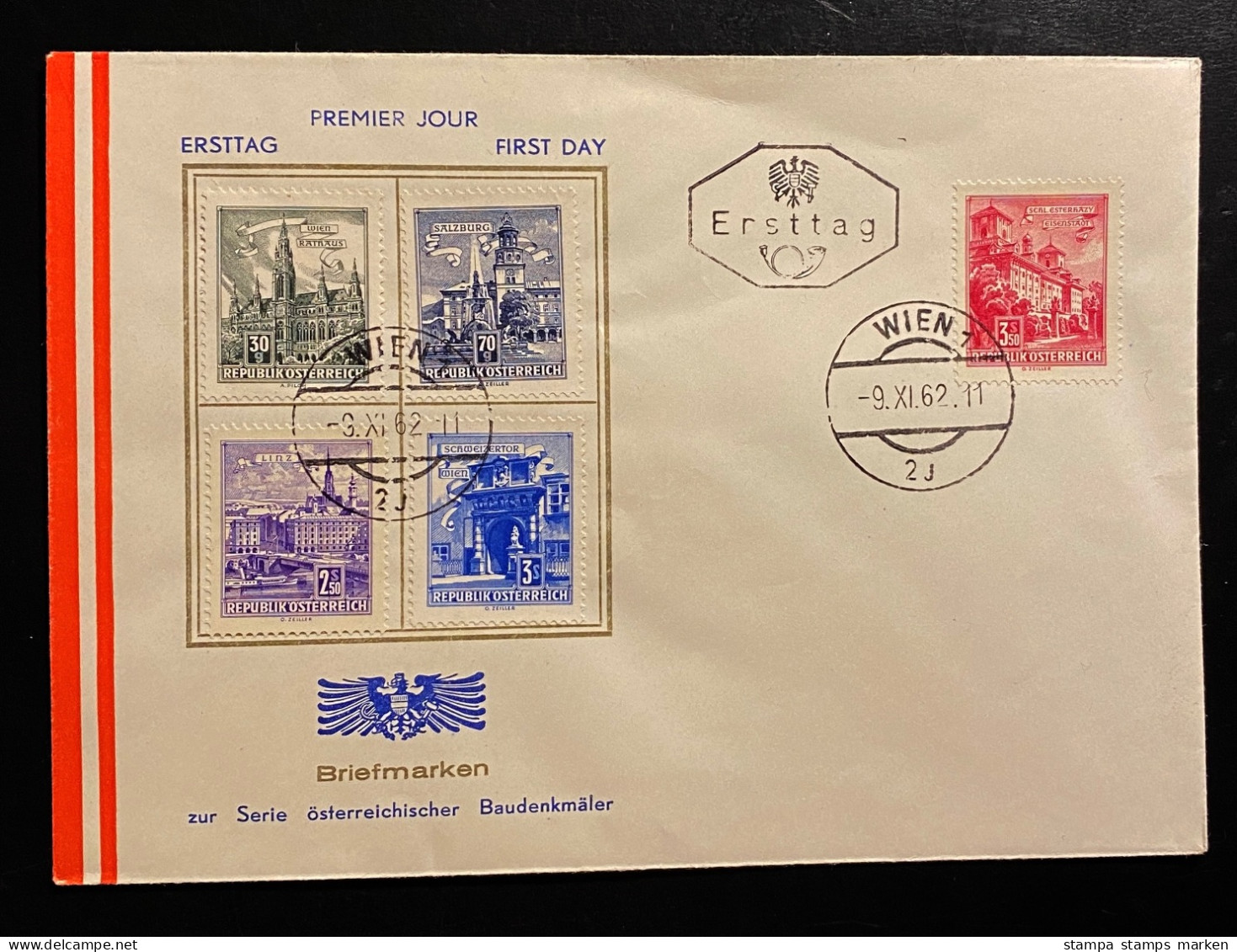 Österreich 1962 Bauten Mi. 1111, 1114, 1118, 1119, 1120 FDC Schmuckkuvert Gestempelt/o WIEN - Briefe U. Dokumente