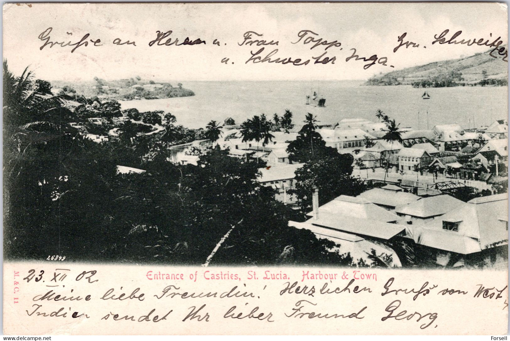 Entrance Of Castries , St.Lucia, Harbour & Town (Cancellation On St.Lucia Stamps, 1904, Sent To Norway) - St. Lucia