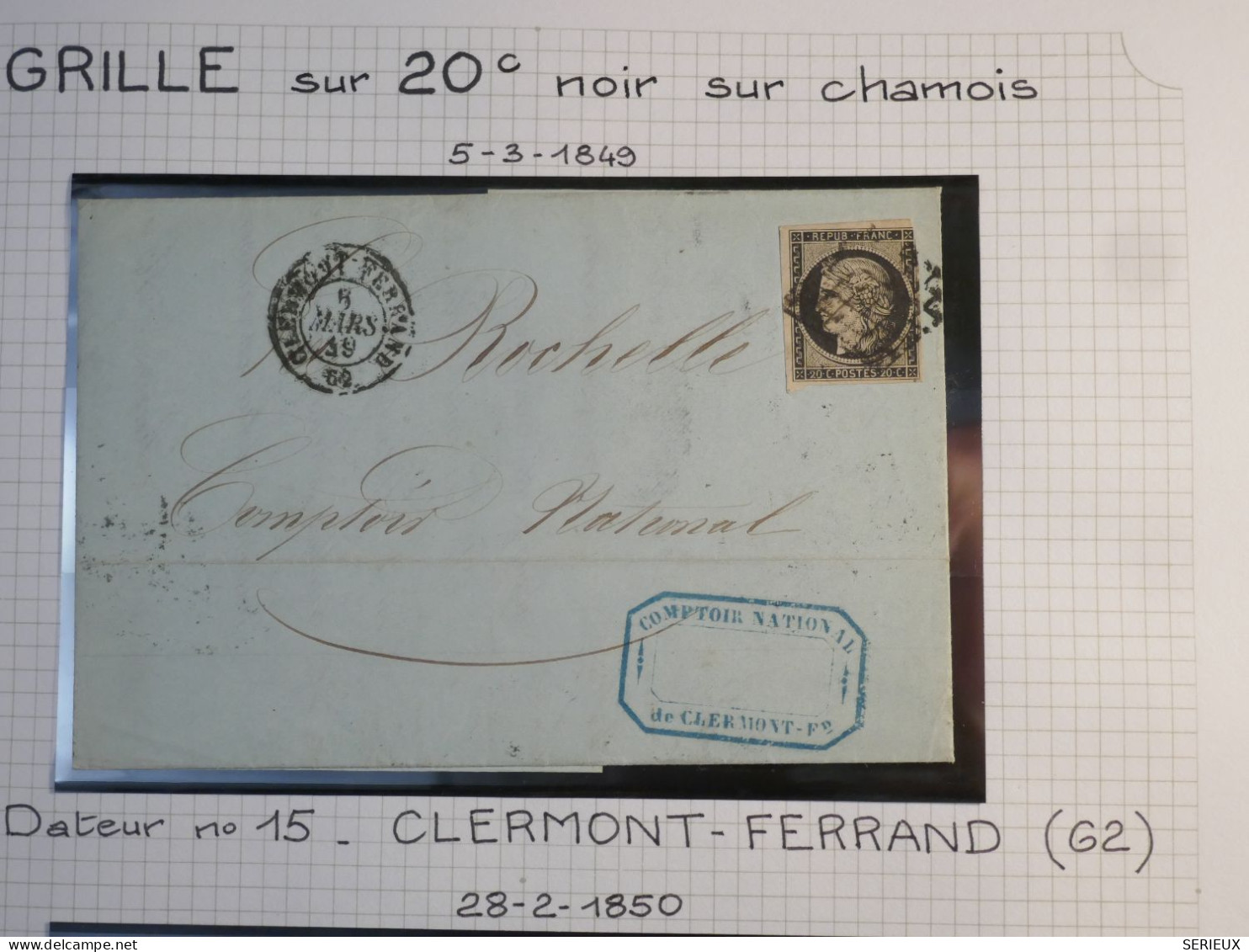 DK4 FRANCE BELLE LETTRE C. N.  5.3.1849  CLERMONT  A LA ROCHELLE +N°3b CHAMOIS   + OB. GRILLE +DISPERSION DE COLLECTION+ - 1849-1876: Période Classique