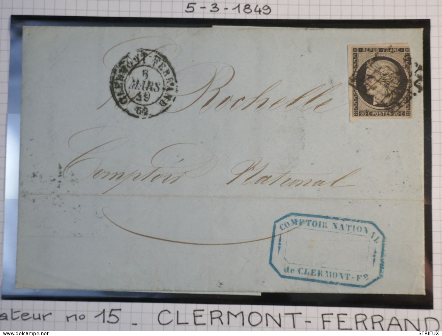 DK4 FRANCE BELLE LETTRE C. N.  5.3.1849  CLERMONT  A LA ROCHELLE +N°3b CHAMOIS   + OB. GRILLE +DISPERSION DE COLLECTION+ - 1849-1876: Klassieke Periode