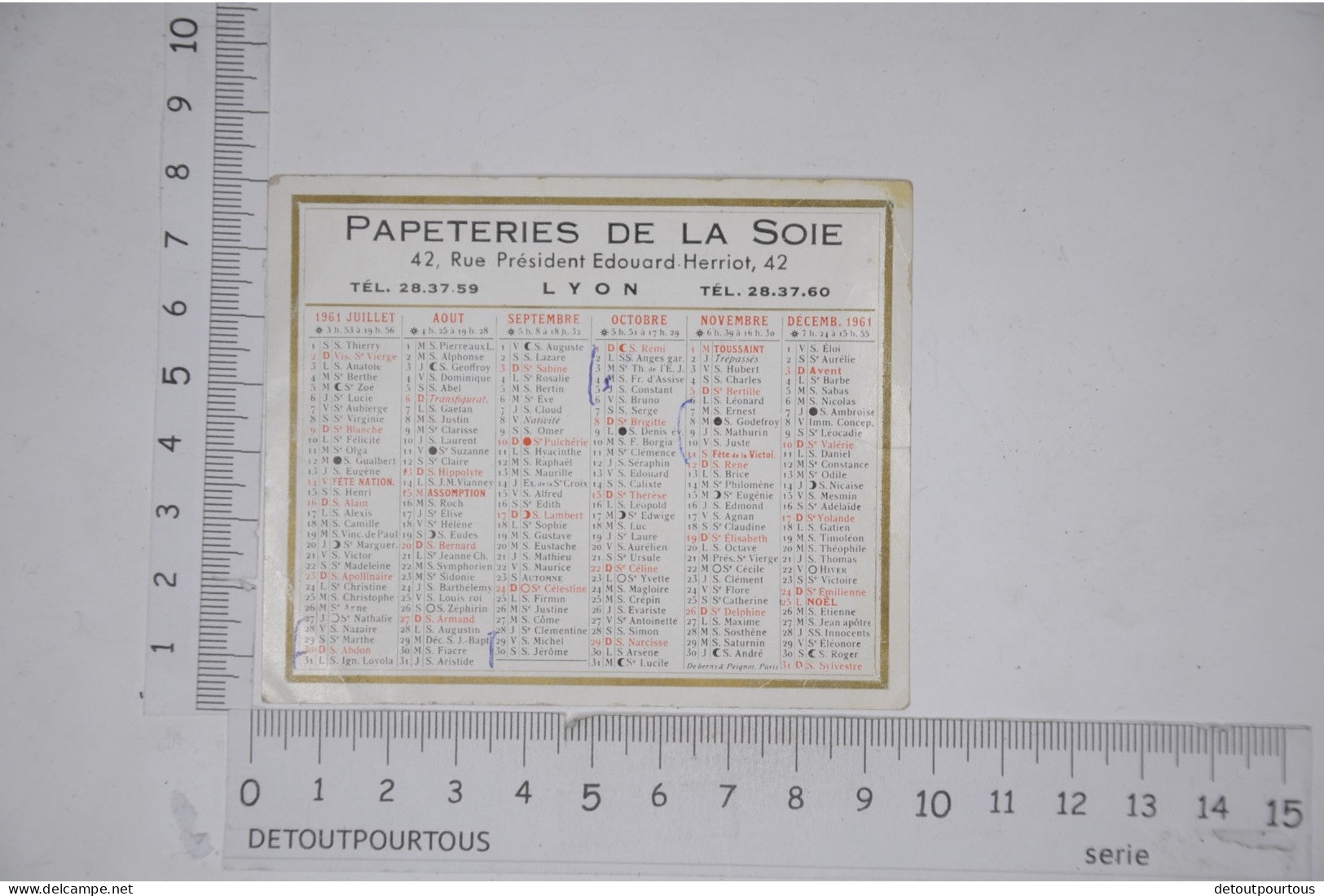 Mini Calendrier 1961 Papeteries De La Soie 42 Rue President Herriot Lyon - Petit Format : 1961-70