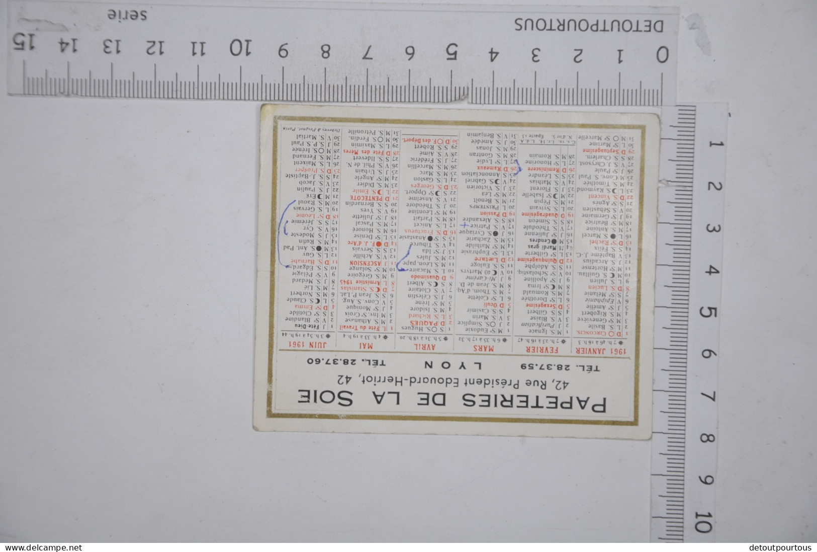 Mini Calendrier 1961 Papeteries De La Soie 42 Rue President Herriot Lyon - Kleinformat : 1961-70