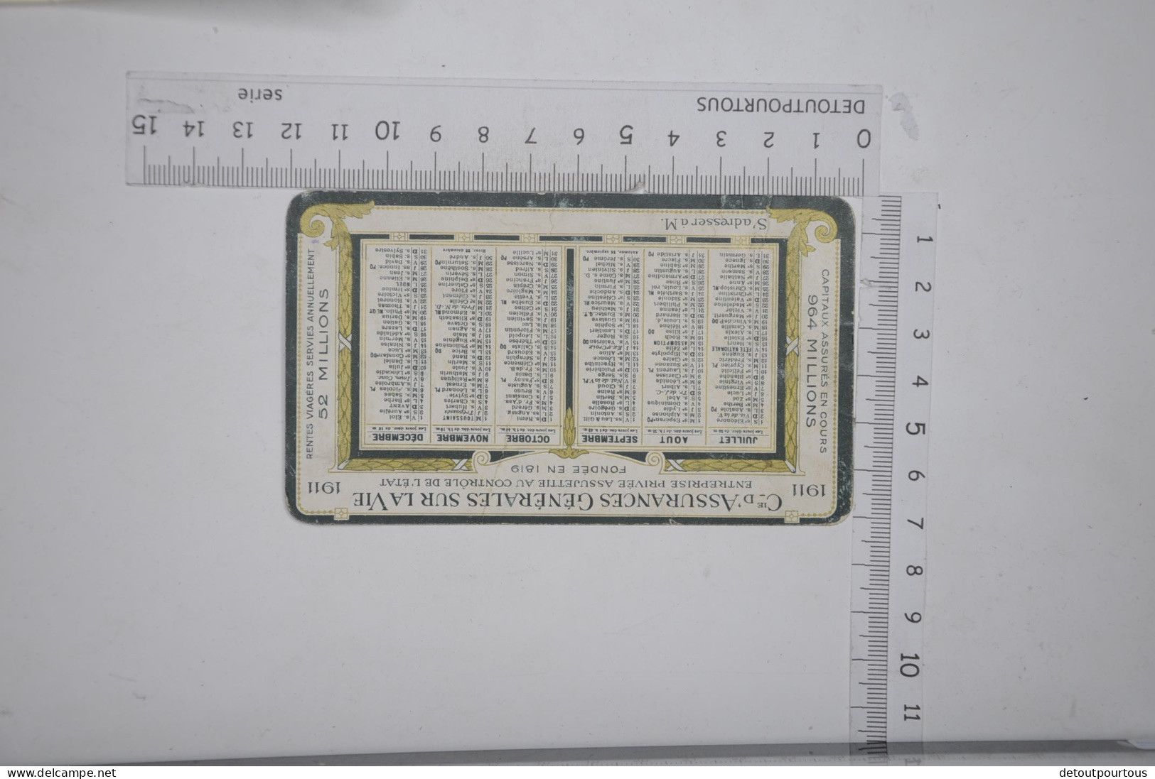 Mini Calendrier 1911 Compagnie D'Assurances Generales Sur La Vie 87 Rue De Richelieu PARIS - Klein Formaat: 1901-20