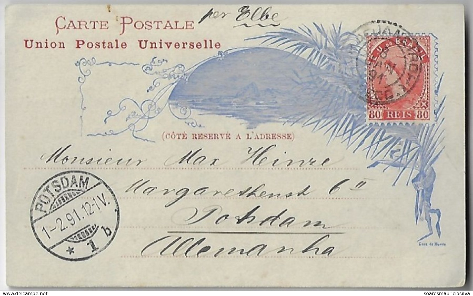 Brazil 1891 Postal Stationery Card 80Rs From Rio De Janeiro - Potsdam Germany By Steamer Elbe Royal Mail Steam Packet Co - Interi Postali