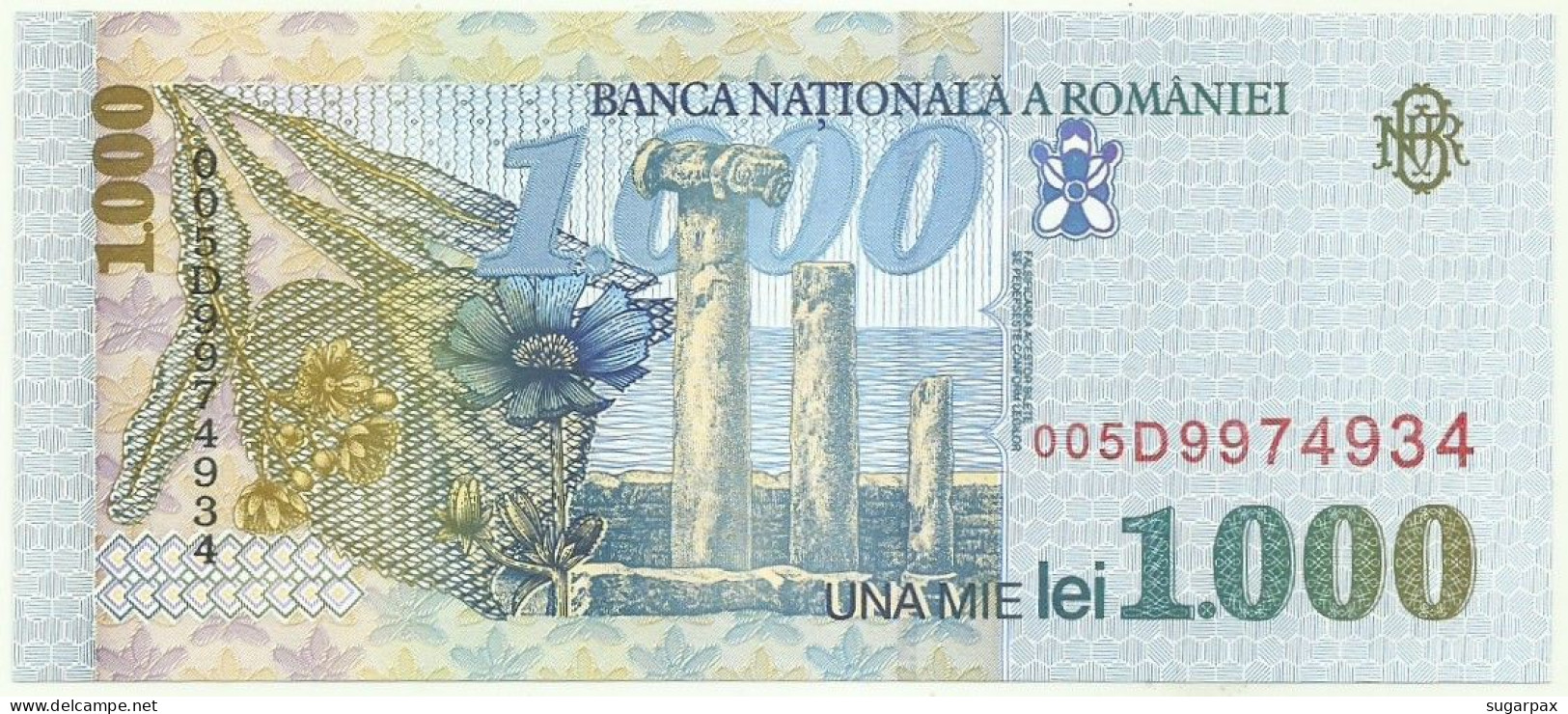 ROMANIA - 1.000 Lei - 1998 - Pick 106 - Unc. - Série 005D - Wmk: Large, Sloping BNR - 1000 - Roumanie