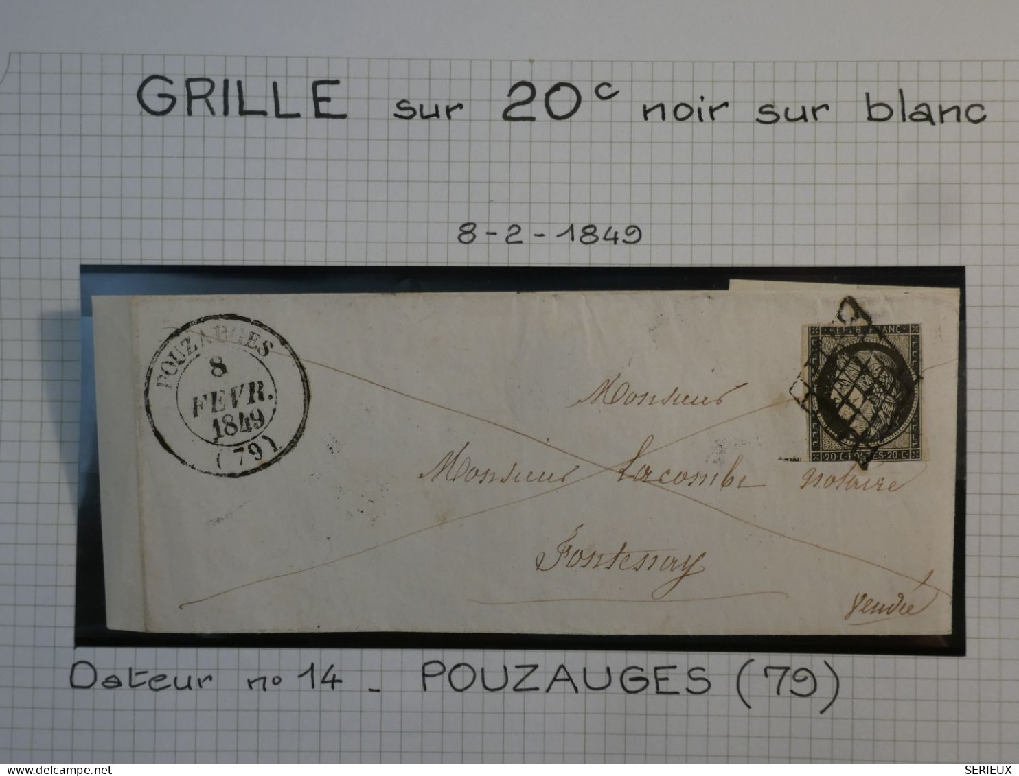 DK4 FRANCE  LETTRE RRR 8.2..1849 PETIT BUREAU POUZAUGES A FONTENAY +N°3+ OB. GRILLE +VU BEHR.DISPERSION DE COLLECTION+ - 1849-1876: Classic Period