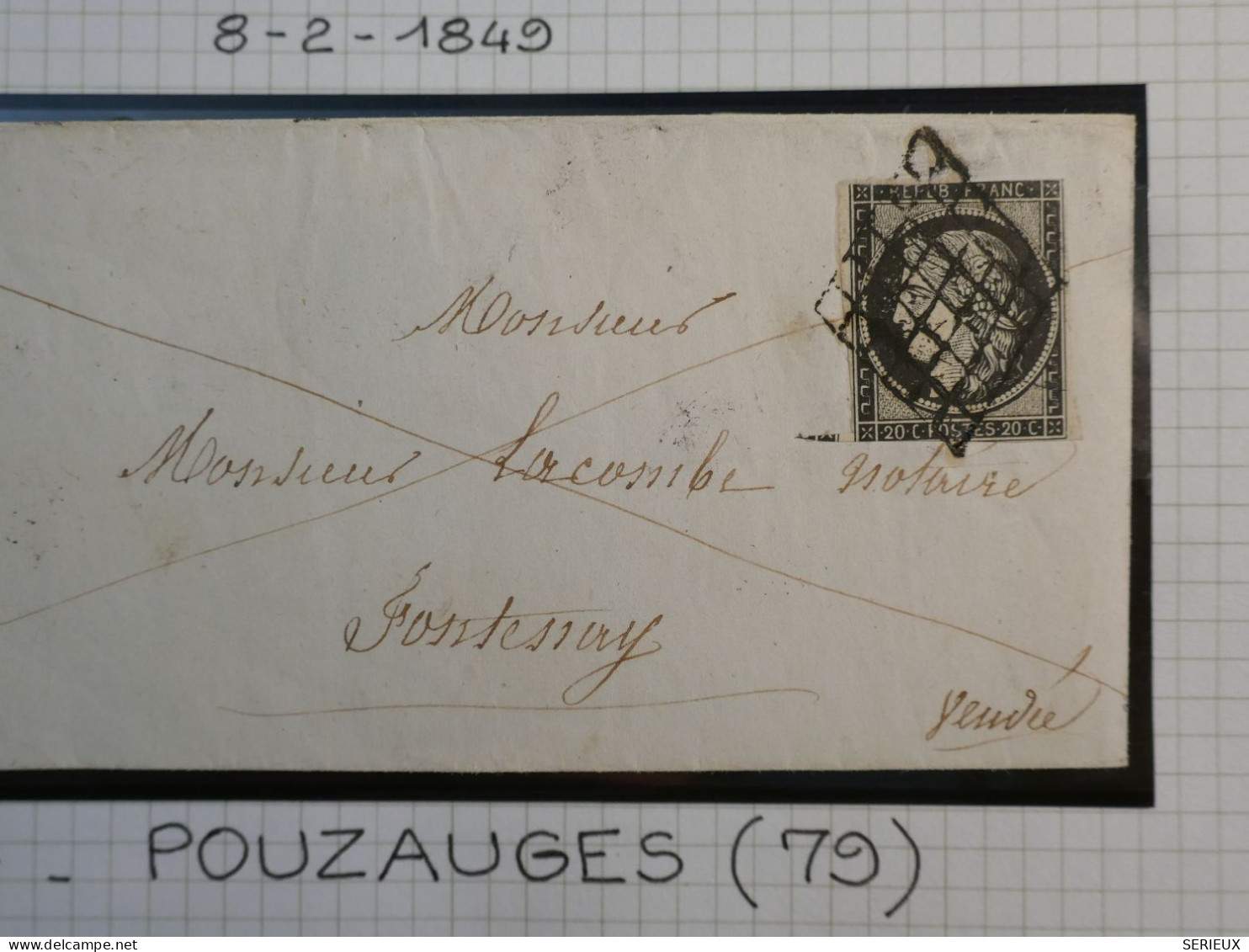 DK4 FRANCE  LETTRE RRR 8.2..1849 PETIT BUREAU POUZAUGES A FONTENAY +N°3+ OB. GRILLE +VU BEHR.DISPERSION DE COLLECTION+ - 1849-1876: Klassieke Periode