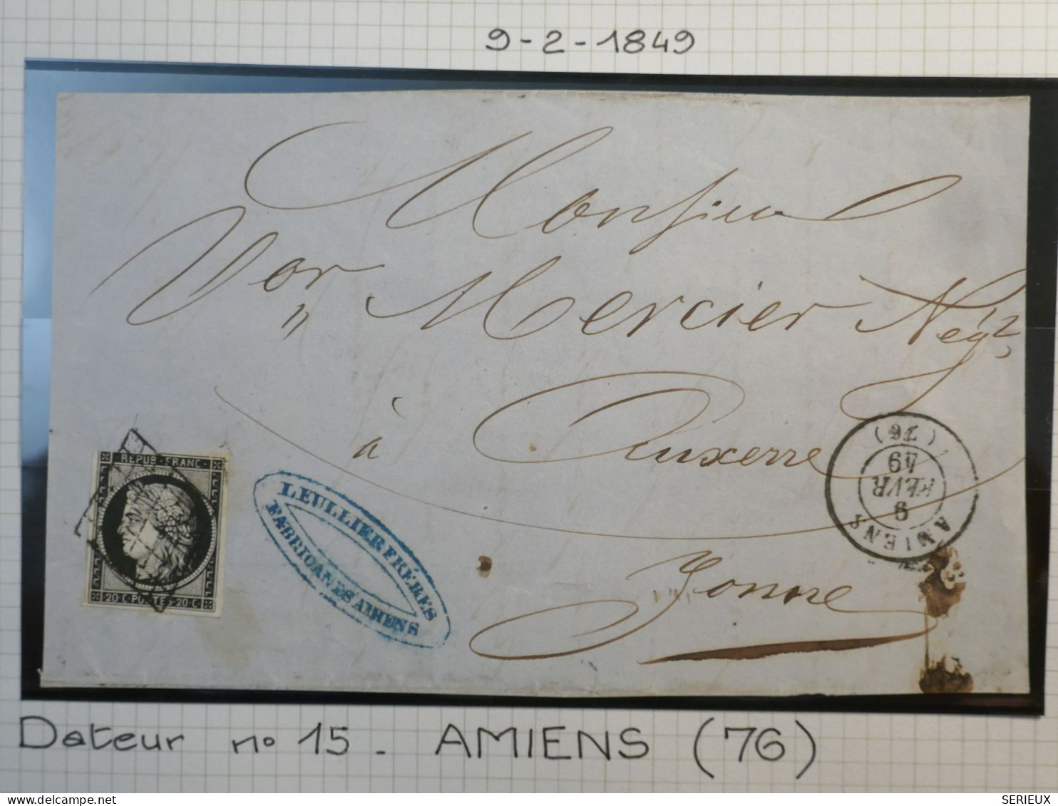 DK4 FRANCE  LETTRE  DEVANT RR 9.2.1849  AMIENS A AUXERRE +N°3+ OB. GRILLE +VU PAR M. BEHR.DISPERSION DE COLLECTION+ - 1849-1876: Periodo Clásico