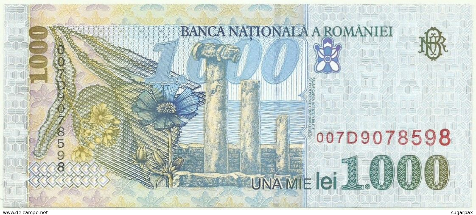 ROMANIA - 1.000 Lei - 1998 - Pick 106 - Unc. - Série 007D - Wmk: Large, Sloping BNR - 1000 - Romania