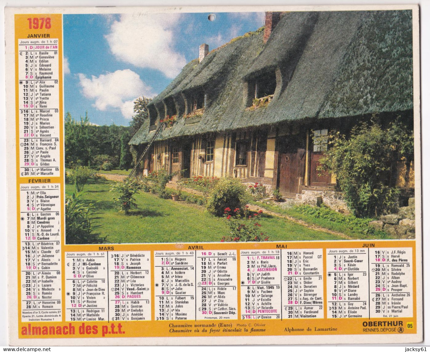 Almanach Des P.T.T.  1978 - Chaumière Normande (eure) - Hôtel De Ville De Calais (nord) - Tamaño Grande : 1971-80