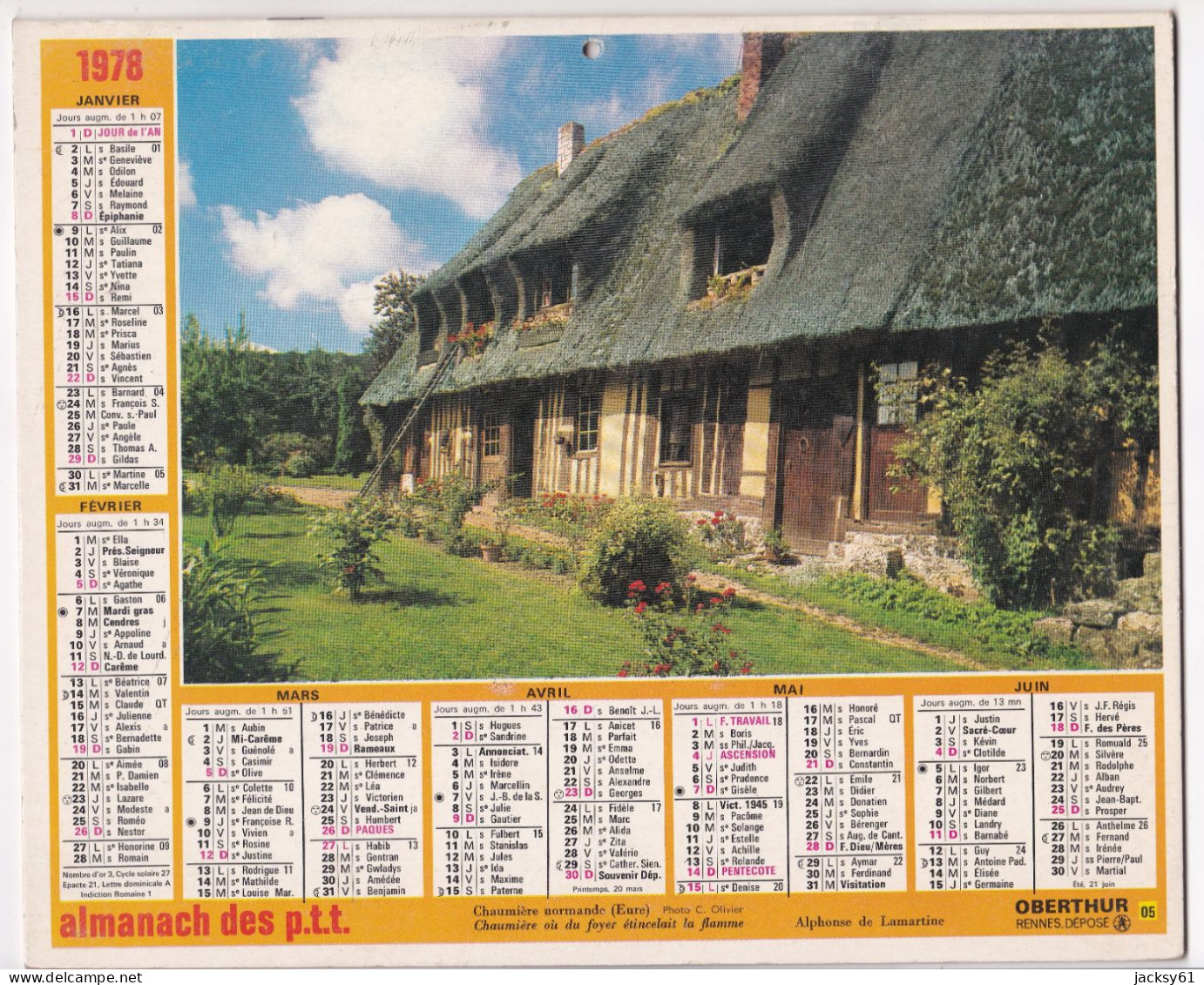 Almanach Des P.T.T.  1978 - Chaumière Normande (eure) - Hôtel De Ville De Calais (nord) - Big : 1971-80