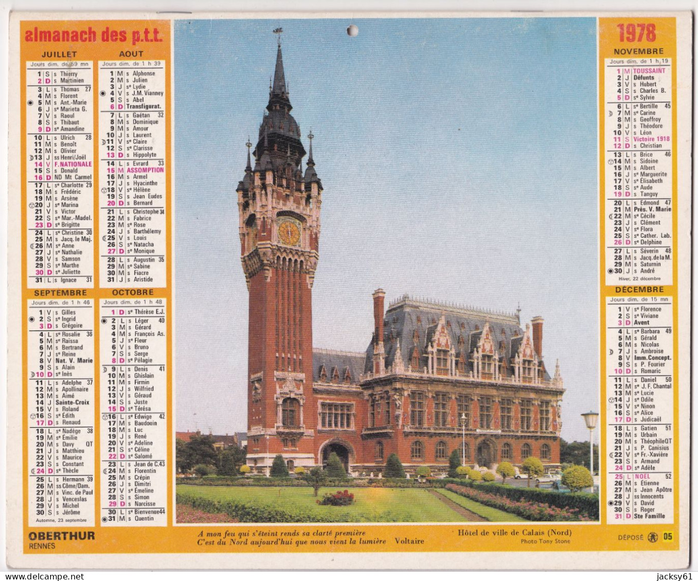 Almanach Des P.T.T.  1978 - Chaumière Normande (eure) - Hôtel De Ville De Calais (nord) - Tamaño Grande : 1971-80