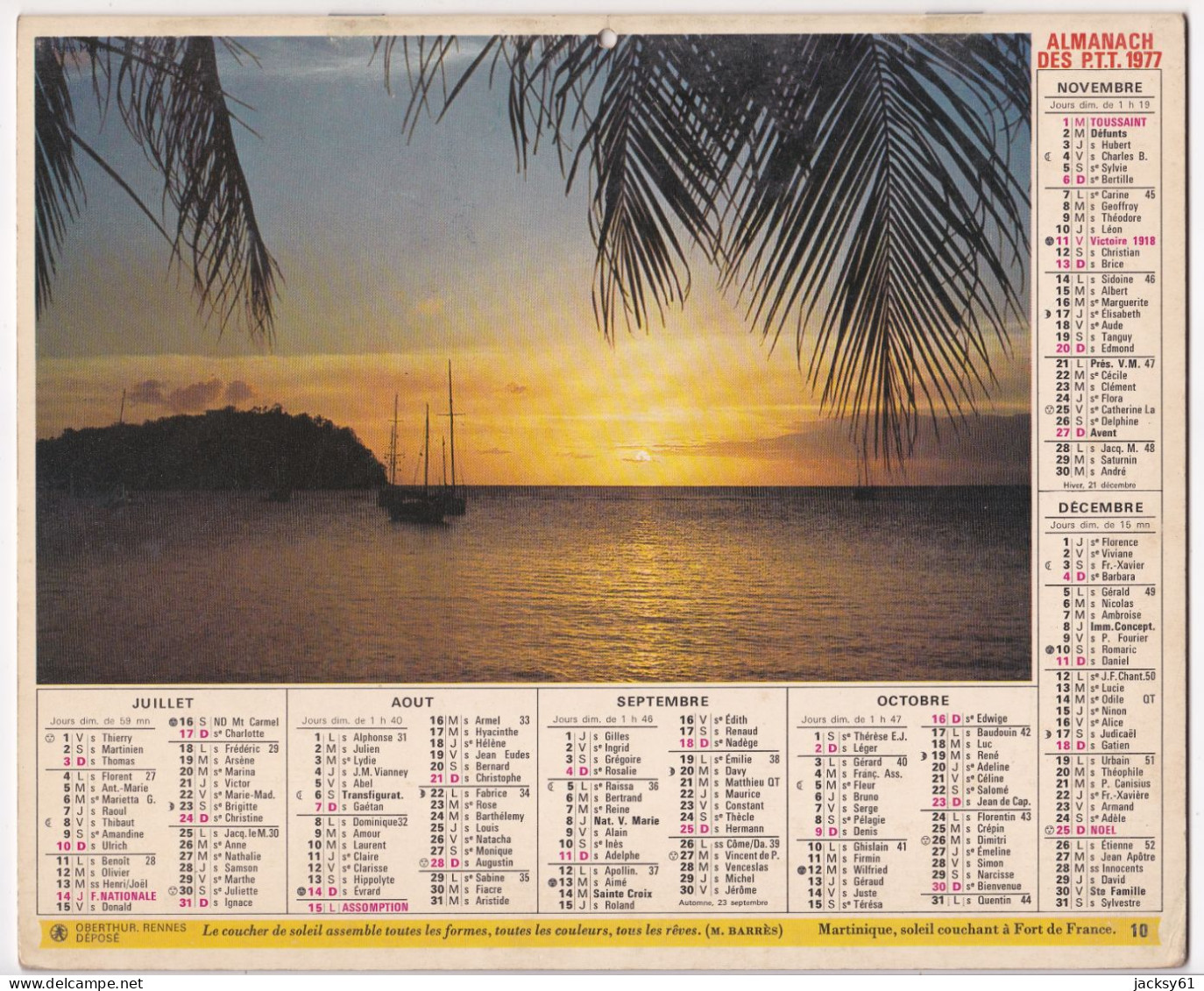 Almanach Des P.T.T.  1977 - Plage Du Vieux Bourg, Cap Fréhel - Martinique, Soleil Couchant à Fort De France - Big : 1971-80