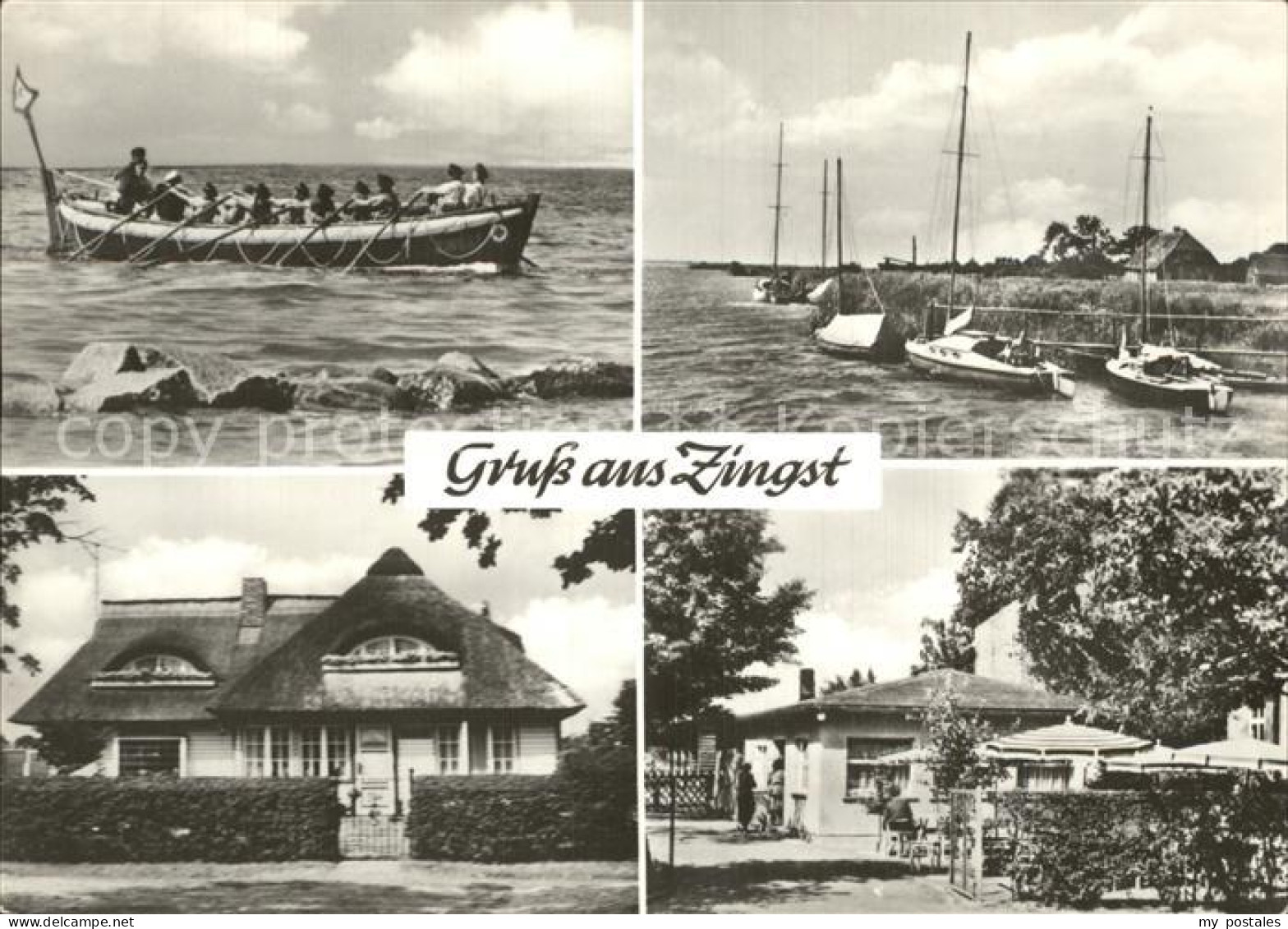 72401740 Zingst Ostseebad Ruderboot Mit Steuermann Am Hafen Schilfgedecktes Haus - Zingst