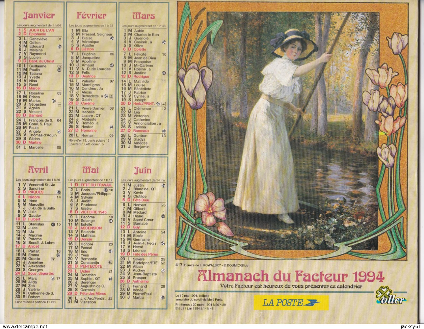 Almanach Du Facteur  1994 - Oeuvre De L. Kowalsky - Oeuvre De Meissonnier - Big : 1991-00