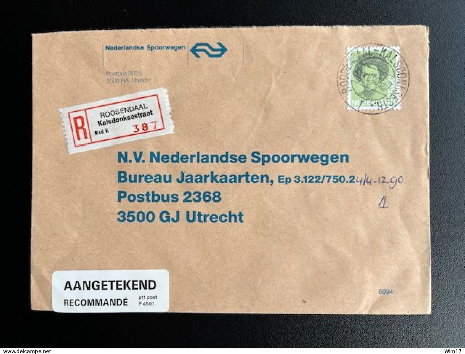 NETHERLANDS 1990 REGISTERED LETTER ROSMALEN KALSDONKSESTRAAT TO UTRECHT 03-12-1990 NEDERLAND AANGETEKEND - Brieven En Documenten