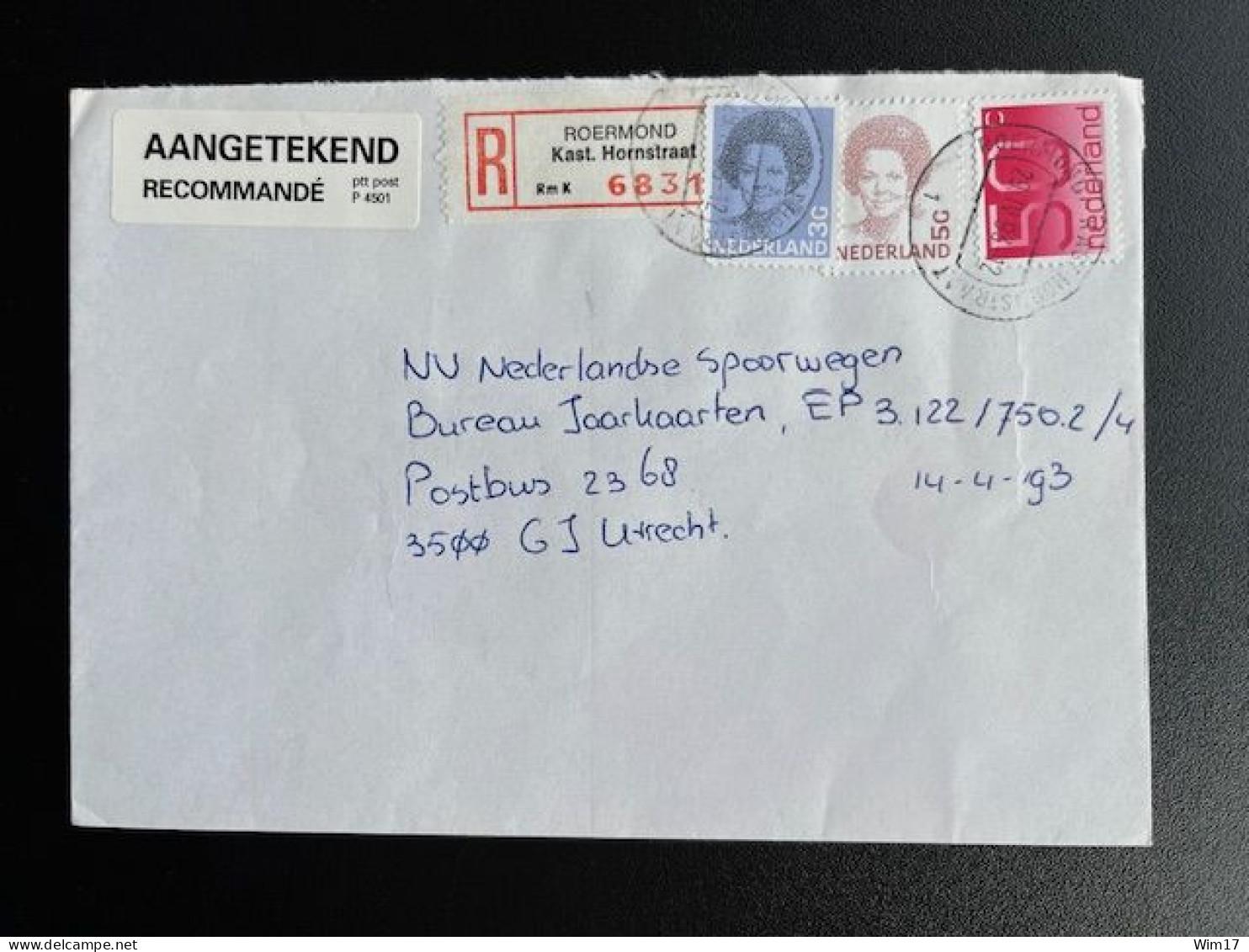 NETHERLANDS 1993 REGISTERED LETTER ROERMOND KAST. HORNSTRAAT TO UTRECHT 29-04-1993 NEDERLAND AANGETEKEND - Cartas & Documentos