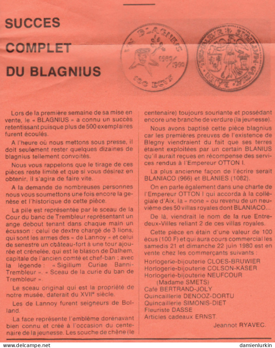 BELGIQUE TREMBLEUR SUPERBE ET RARISSIME : UN BLAGNIUS 100 ECUS 1880/1980 SEULEMENT UN PEU + DE 500 EXEMPLAIRES !!! - Firma's