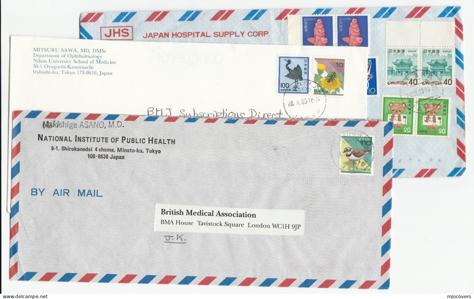 1980s -2000s MEDICINE In JAPAN 3 Diff COVERS From Hospital,Medical Supply,Opthalmology Public Health Air Mail Cover - Lettres & Documents