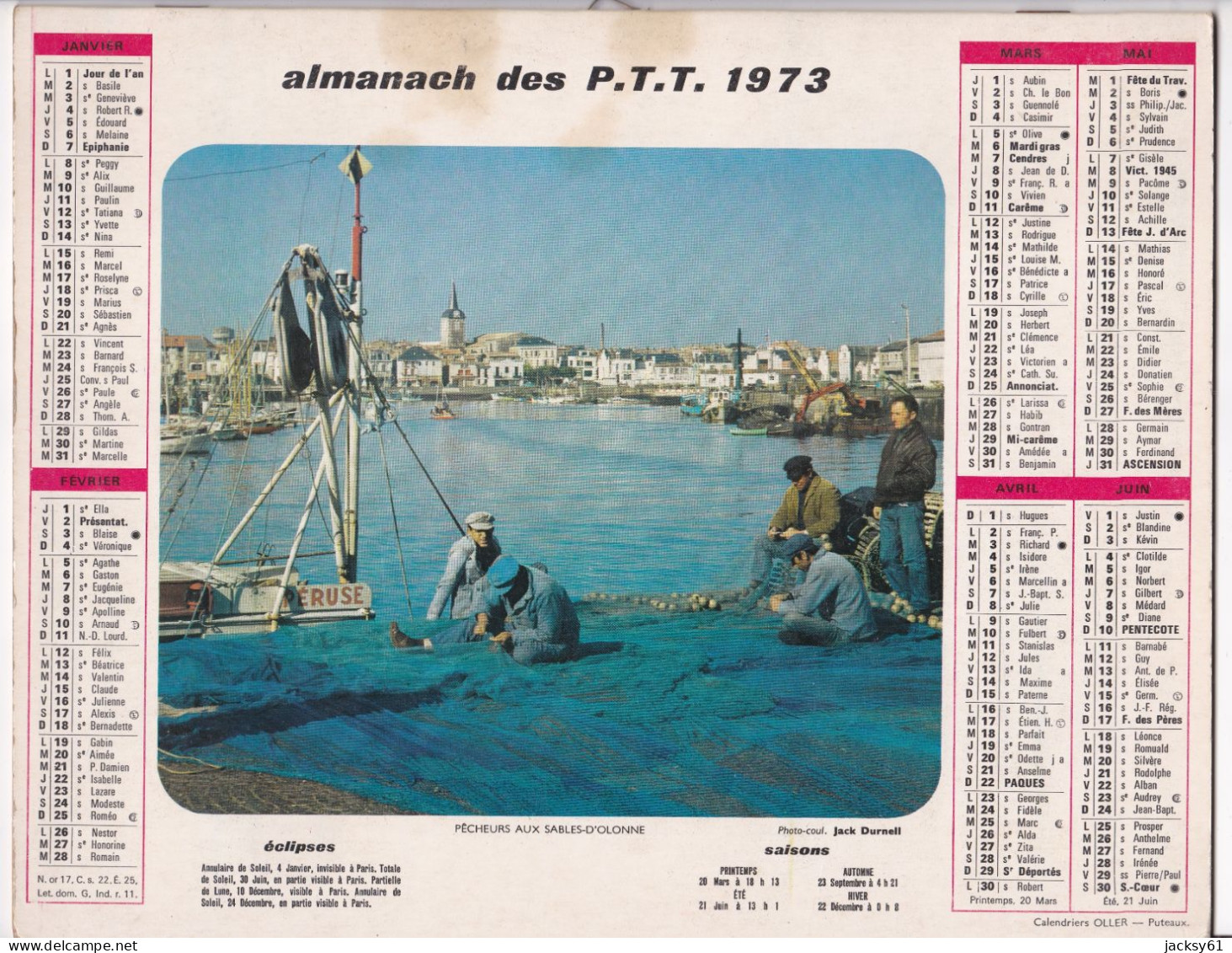 Almanach Des P.T.T  1973 - Pêcheurs Aux Sables Dolonne -  Pêche En Automne - Formato Grande : 1971-80