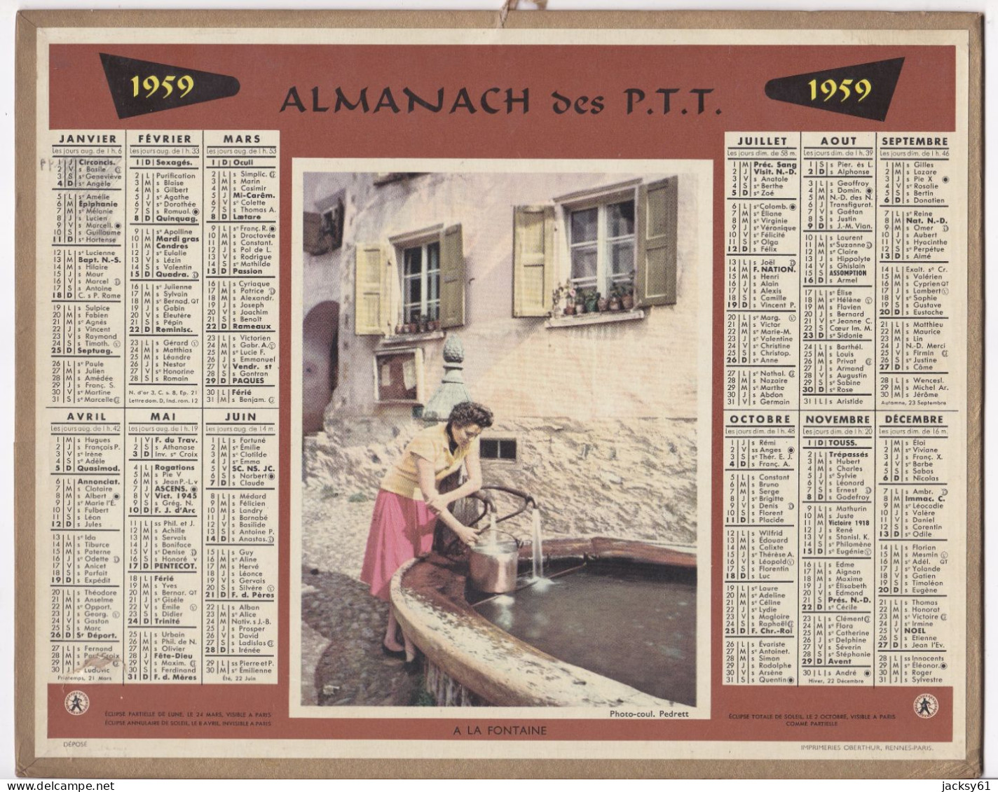 Almanach Des P.T.T  1959 - à La Fontaine - Tamaño Grande : 1941-60