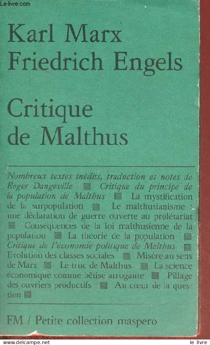 Critique De Malthus - Petite Collection Maspero N°210. - Marx Karl & Engels Friedrich - 1978 - Economie