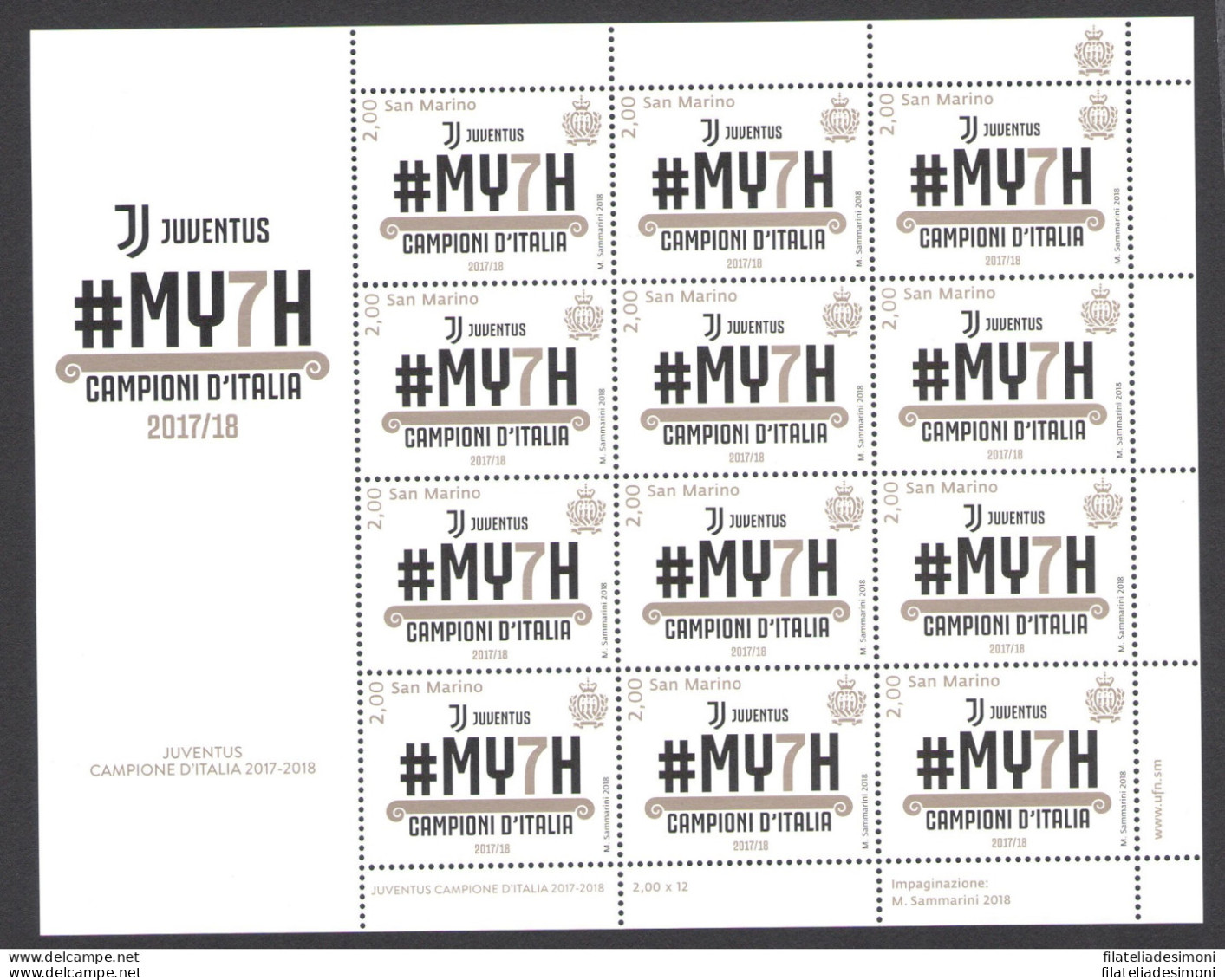 2018 San Marino Juventus Campioni D'Italia 2017/2018 Minifoglio 12 V MNH** - Blocs-feuillets