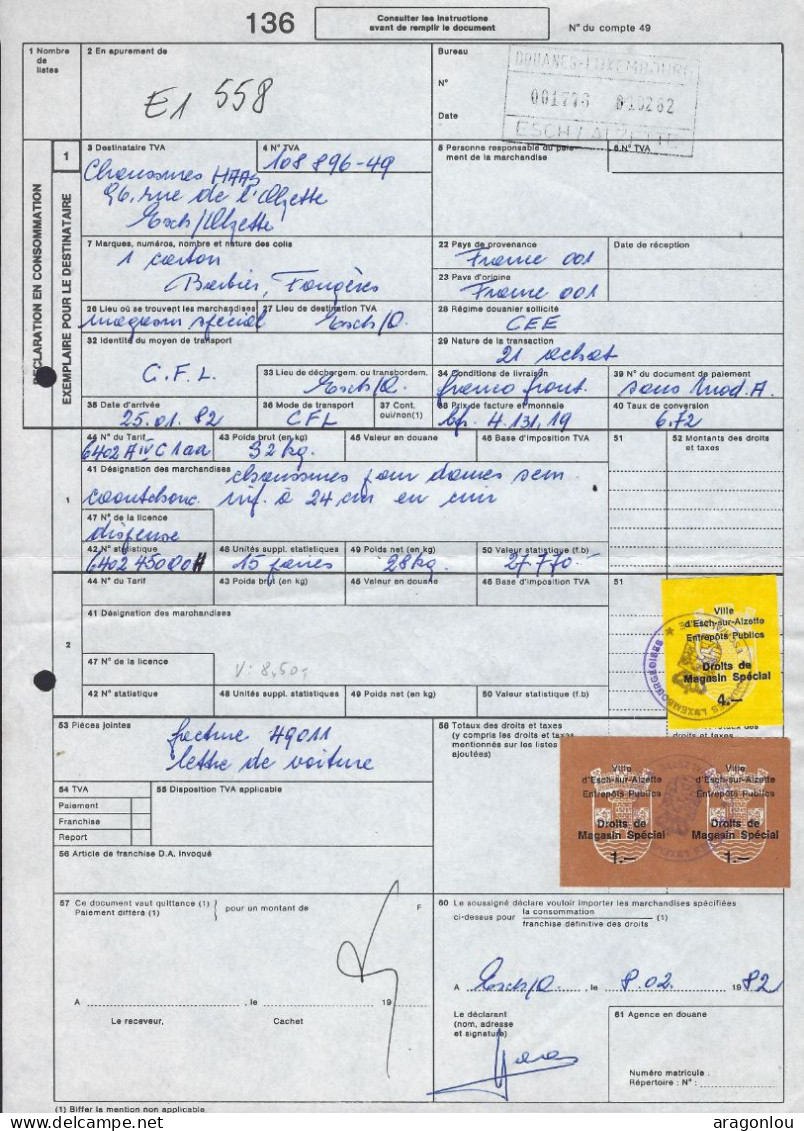 Luxembourg - Luxemburg -  Déclaration En Consommation  1982  -  Facture  49011  Lettre De Voiture - Luxembourg