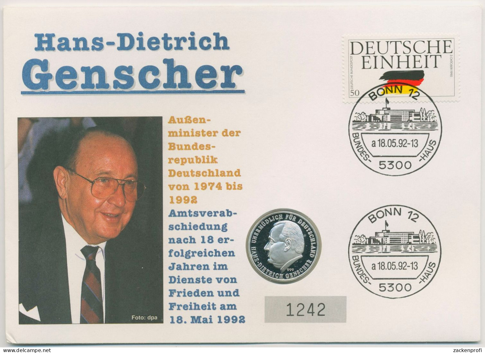 Bund 1992 Hans-Dietrich Genscher Numisbrief 1 ECU (N692) - Sonstige & Ohne Zuordnung