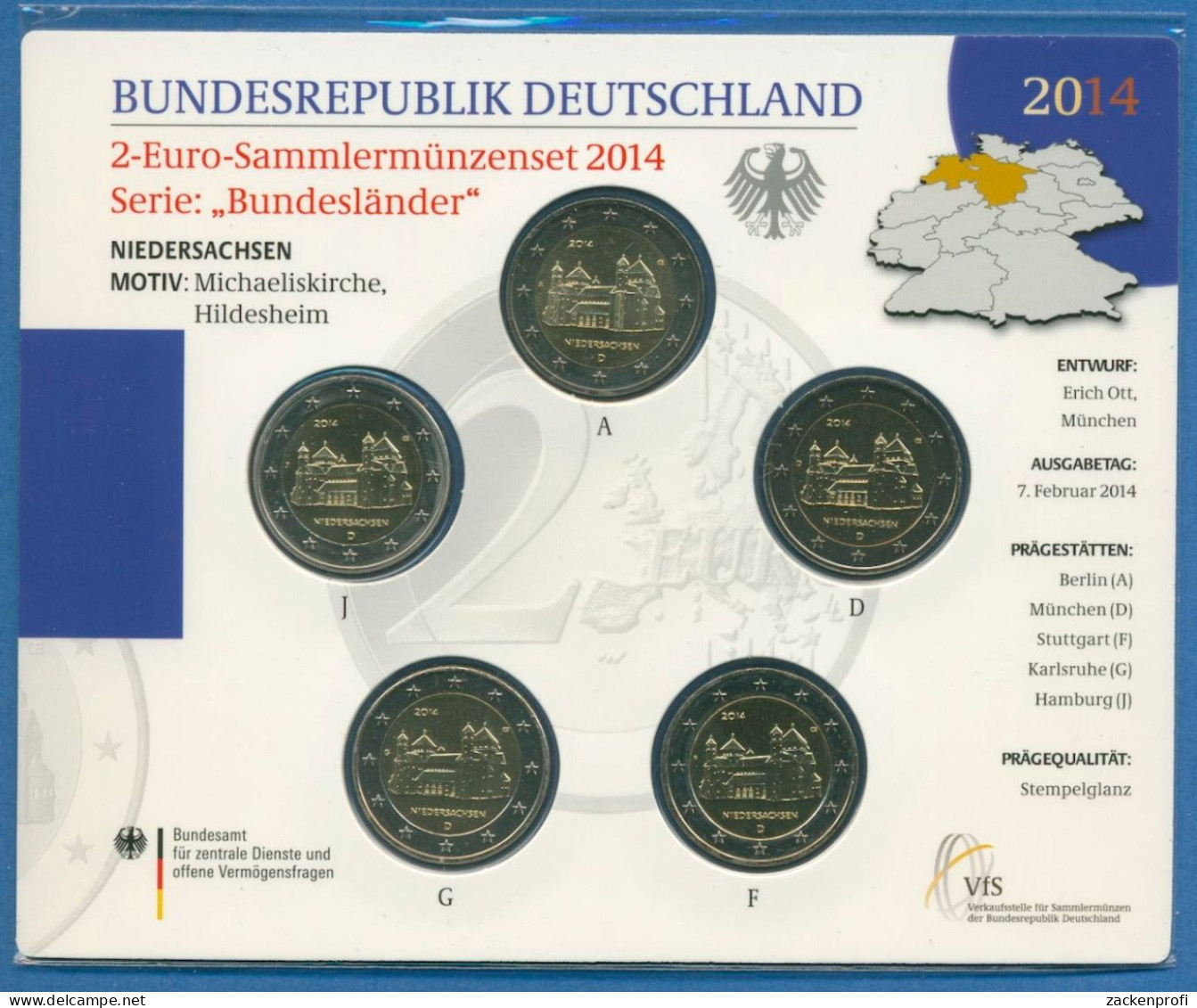 Deutschland 2 Euro 2014 Niedersachsen Originalsatz St OVP (m1461) - Germania