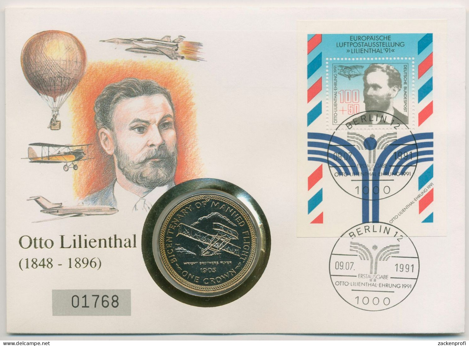 Bund 1991 Luftfahrt Otto Lilienthal Numisbrief Mit 1 Crown Insel Man (N637) - Isla Man