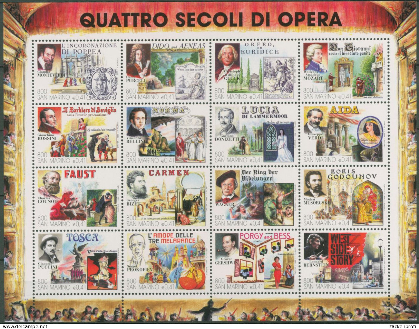San Marino 1999 Opern Komponisten 1812/27 ZD-Bogen Postfrisch (C62292) - Blocs-feuillets
