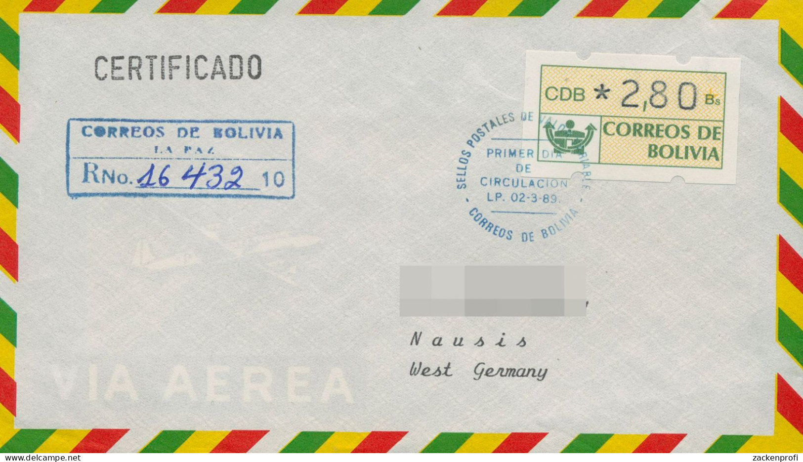 Bolivien ATM 1989 Ersttagsbrief Luftpost-Einschreiben ATM 1 FDC (X80451) - Bolivie