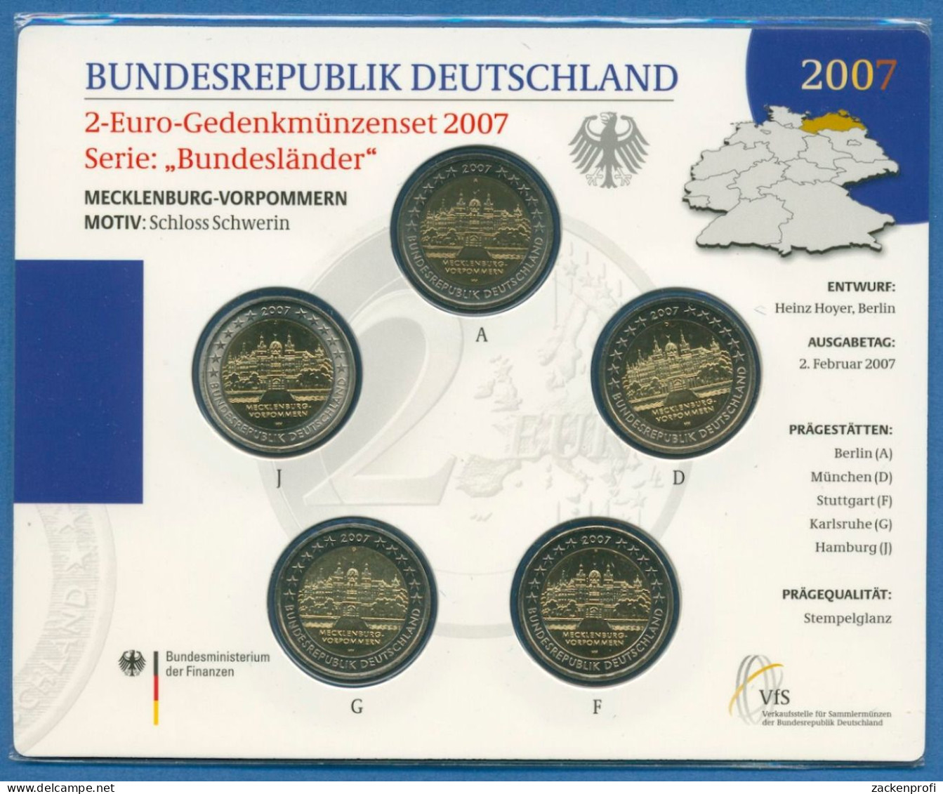 Deutschland 2 Euro 2007 Mecklenburg-Vorpommern Originalsatz St OVP (m1454) - Germania