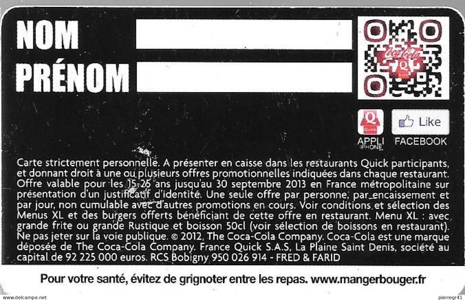 CARTE-FIDELITE-2012-PASS QUICK-15-25 ANS-BE/RARE - Carta Di Fedeltà E Regalo