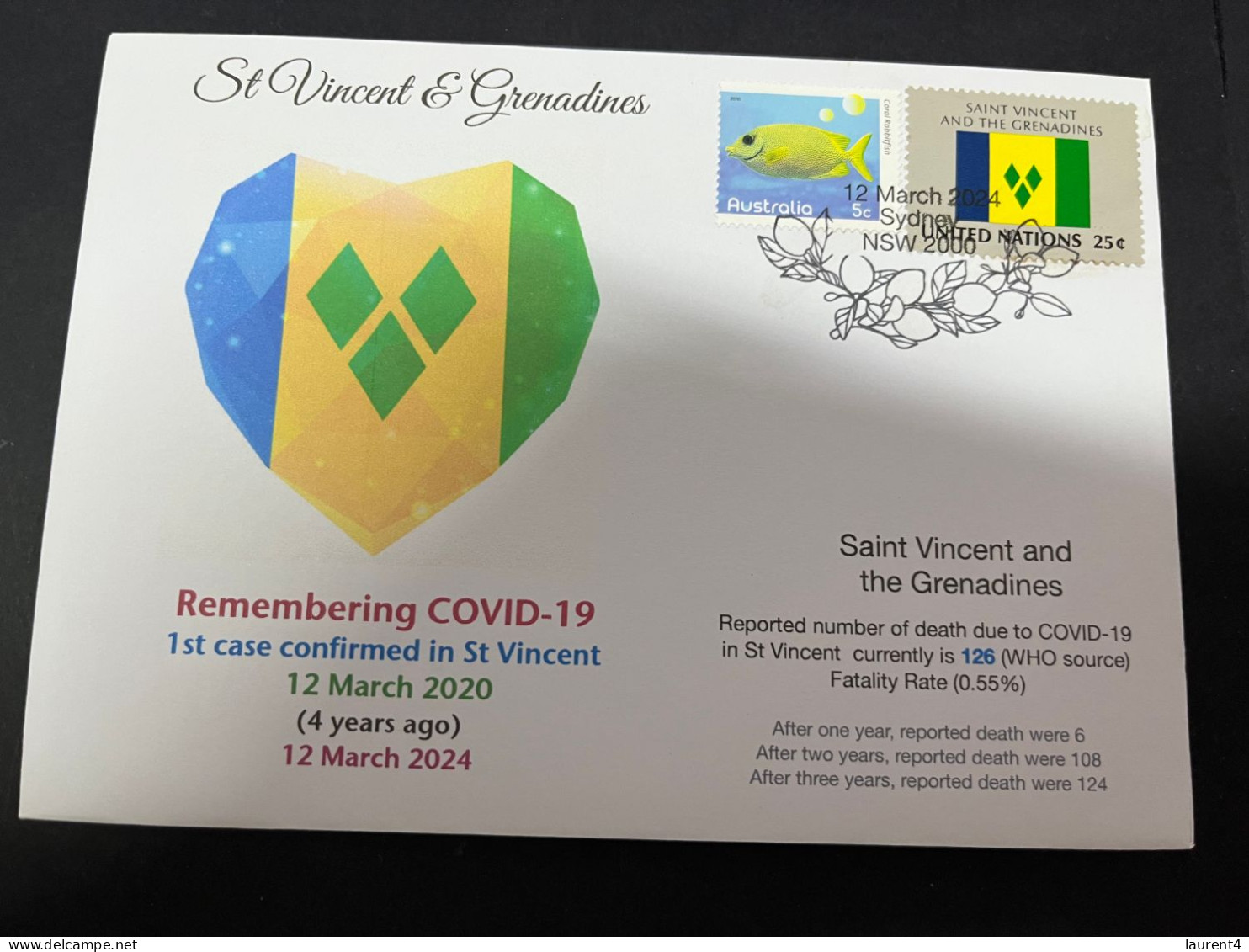 12-3-2024 (2 Y 47) COVID-19 4th Anniversary - St Vincent & Grenadines - 12 March 2024 (with UN Flag Stamp) - Malattie