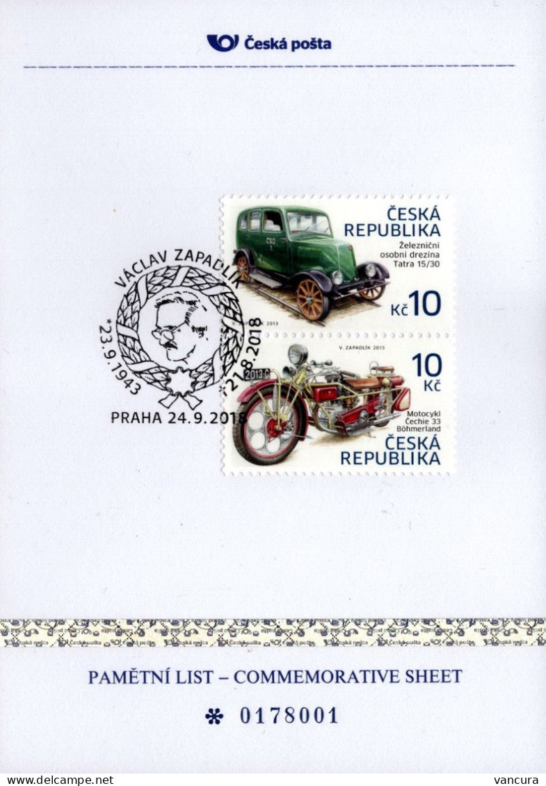 Commemorative Sheet Czech Republic PLZ 86 Zapadlik, Motorbike, Draisine 2018 - Motos