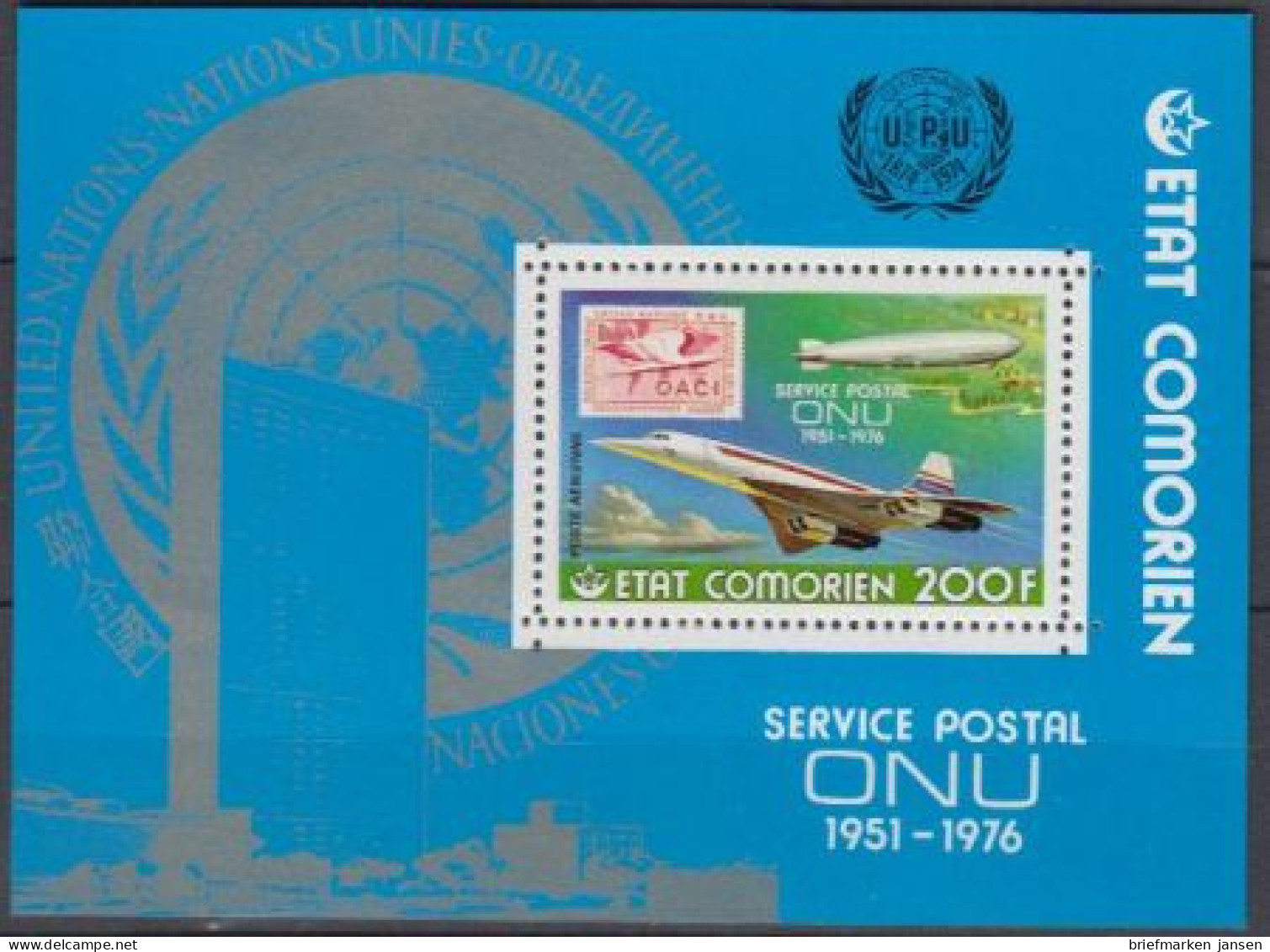 Komoren Mi.Nr. Block 49 Graf Zeppelin, Concorde Und UNO New York MiNr.36  - Comores (1975-...)