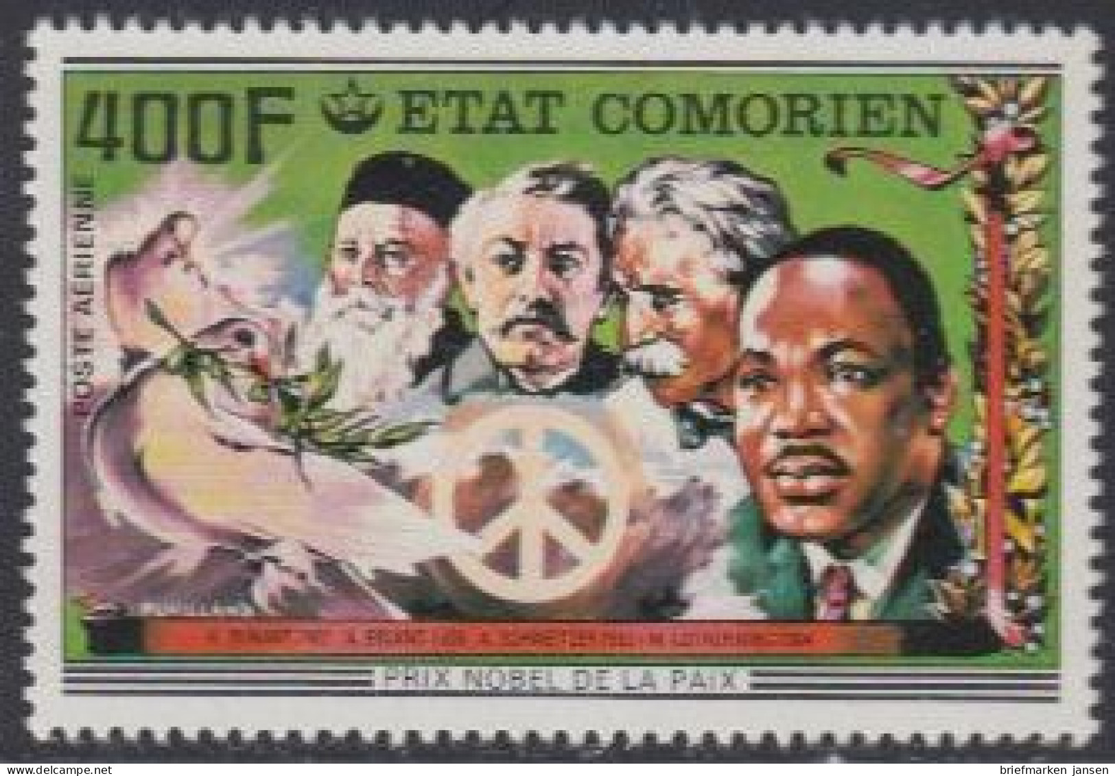 Komoren Mi.Nr. 351 75J.Nobelpreis, Frieden, U.a. Duant, Schweitzer, King (400) - Comores (1975-...)