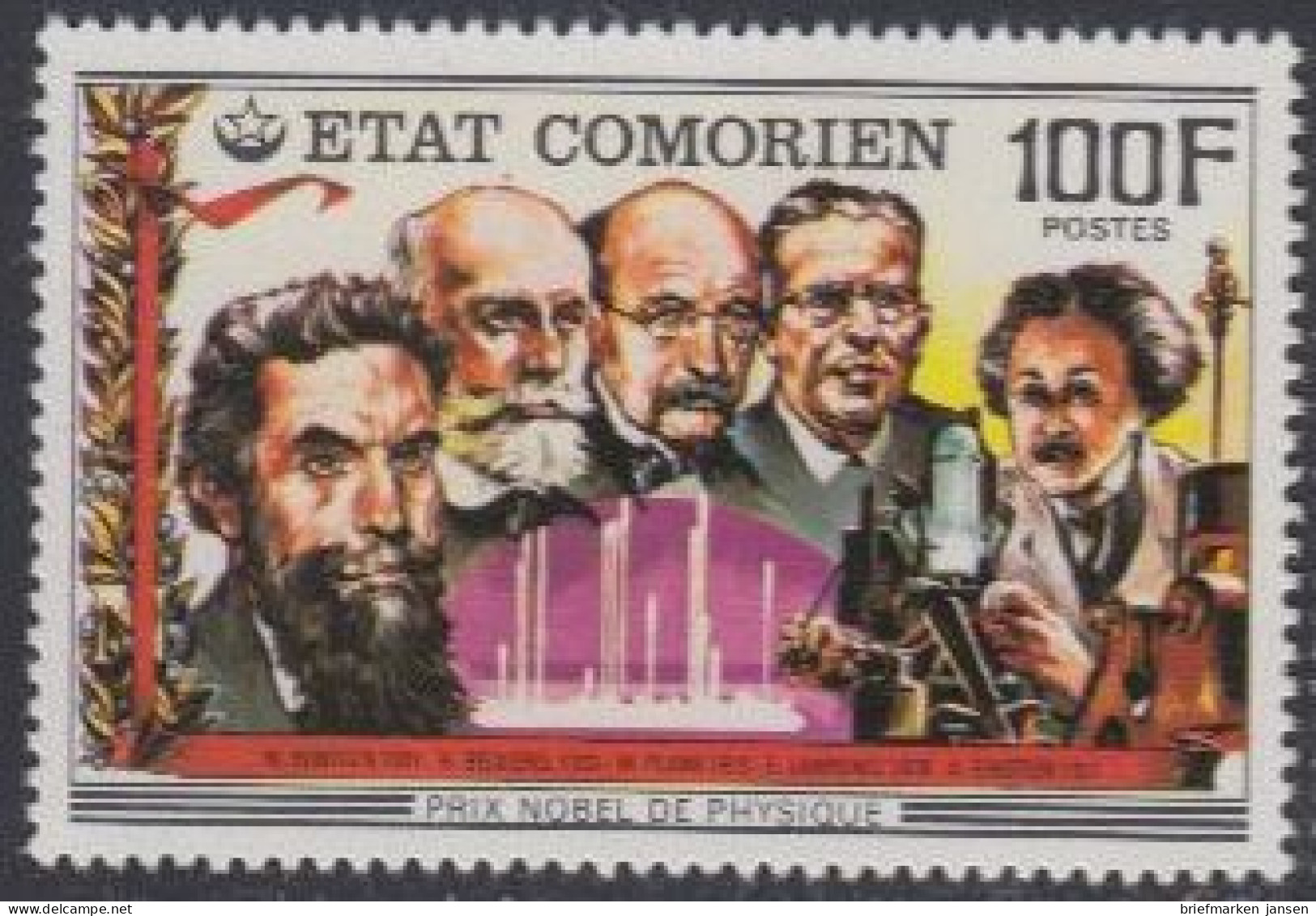 Komoren Mi.Nr. 349 75J.Nobelpreis, Physik, U.a. Röntgen, Einstein (100) - Comores (1975-...)